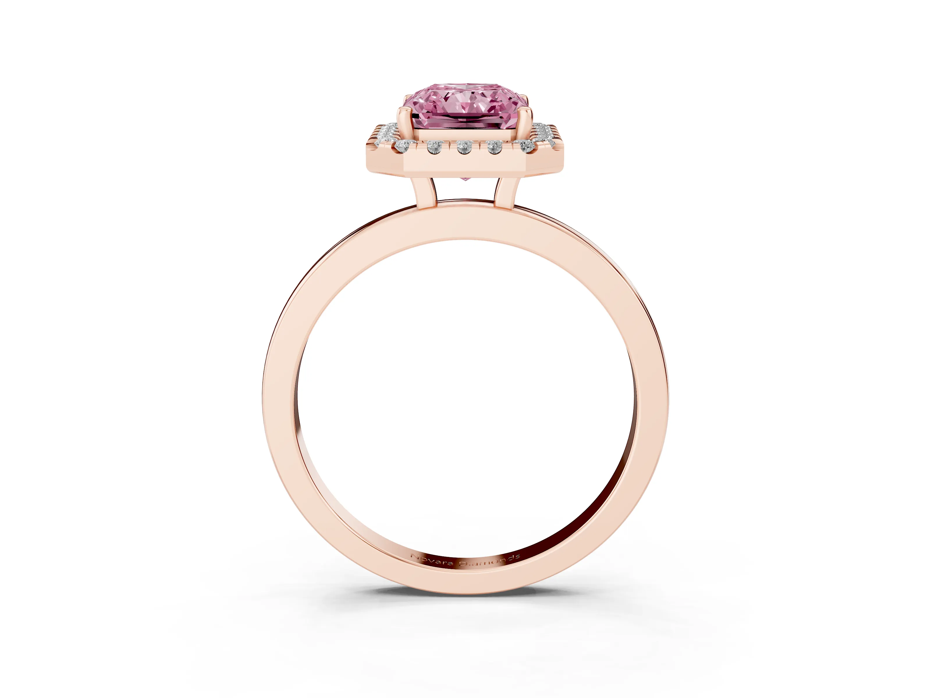 Fancy Pink Radiant Cut Diamond Halo Solitaire Ring Set in Rose gold with Pavé Band and Prong Setting