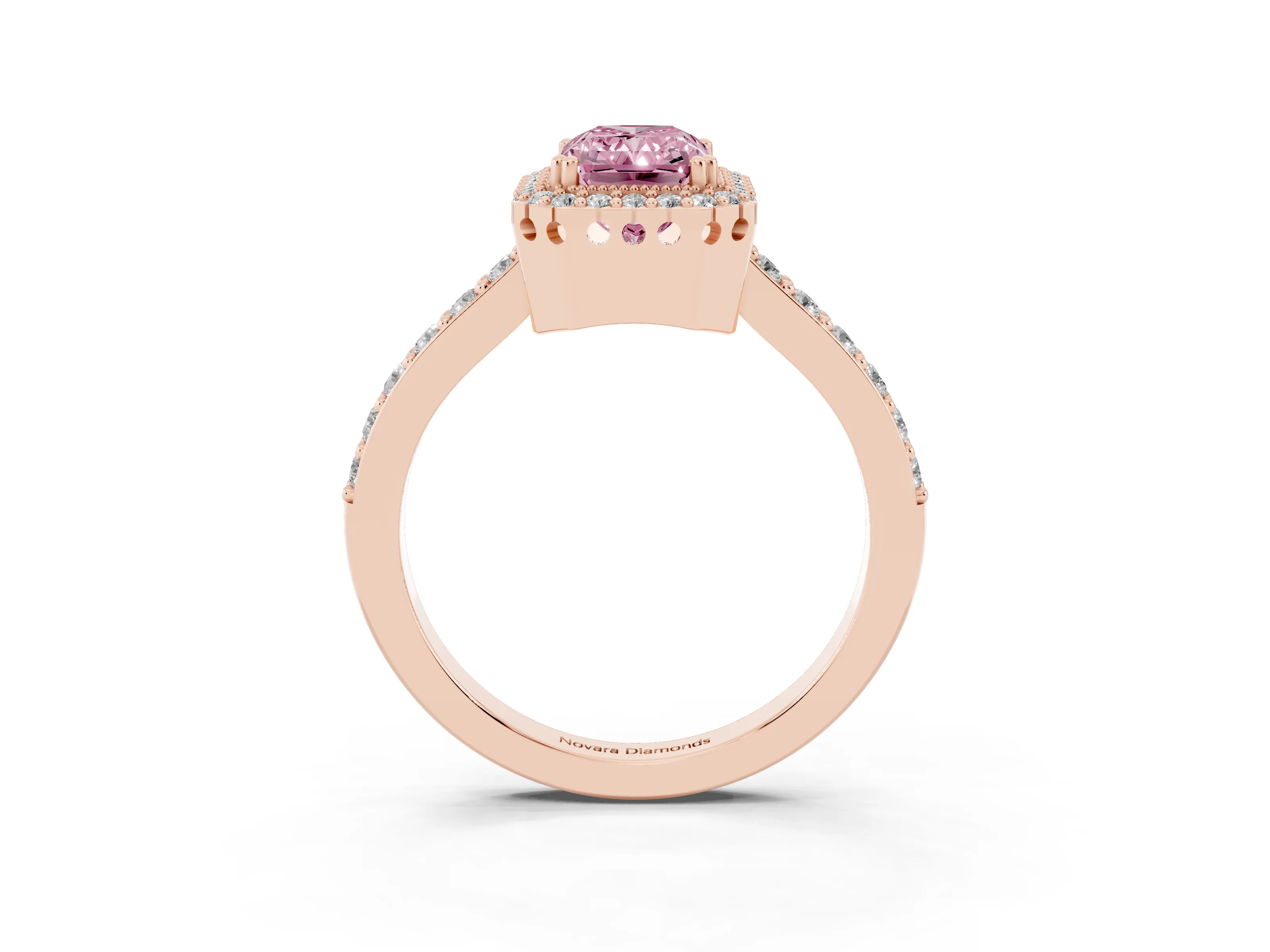 Fancy Pink Radiant Cut Diamond Halo Engagement Ring Set in Rose gold with Milgrain Detail and Pavé Band