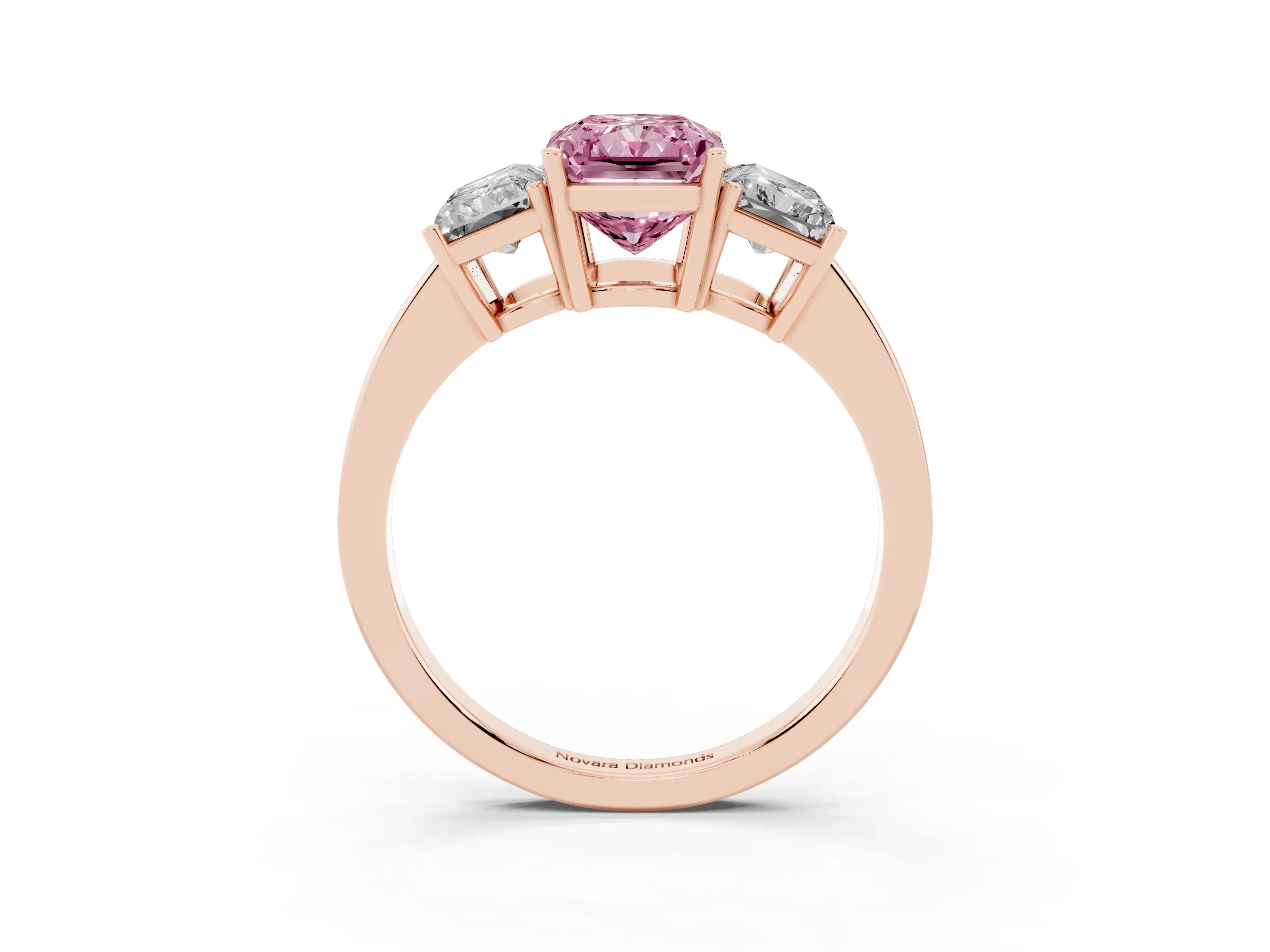 Fancy Pink Radiant Cut Diamond Three-Stone Engagement Ring Set in Rose gold with Flat Band