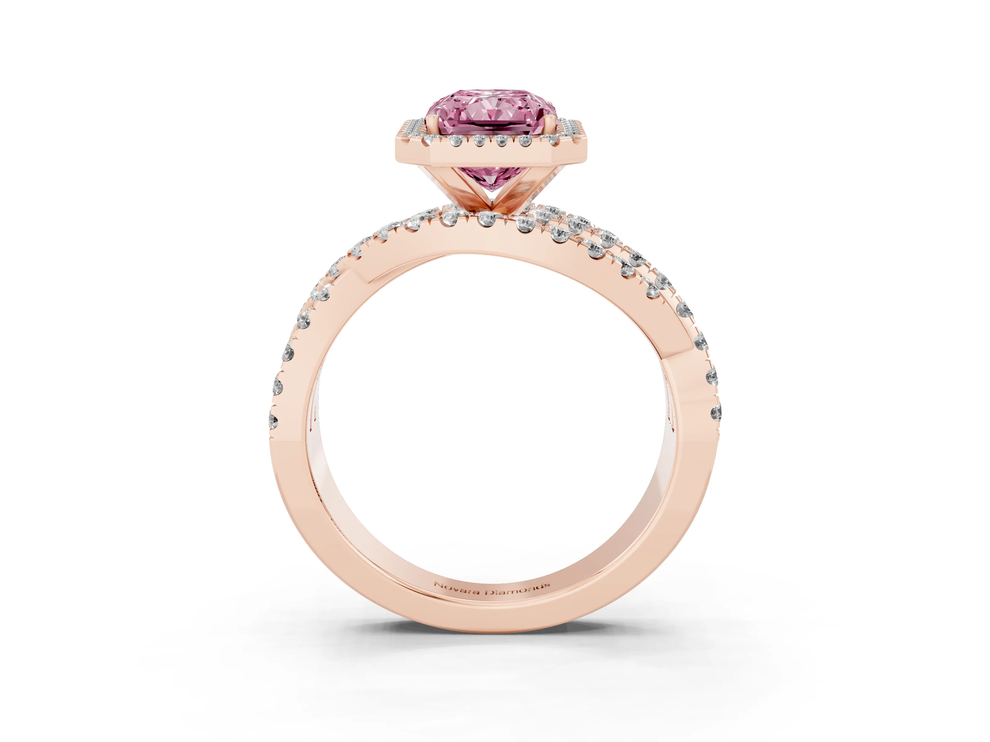 Fancy Pink Radiant Cut Diamond Halo Ring Set in Rose gold with Round Crossover Split Shank and Prong Setting
