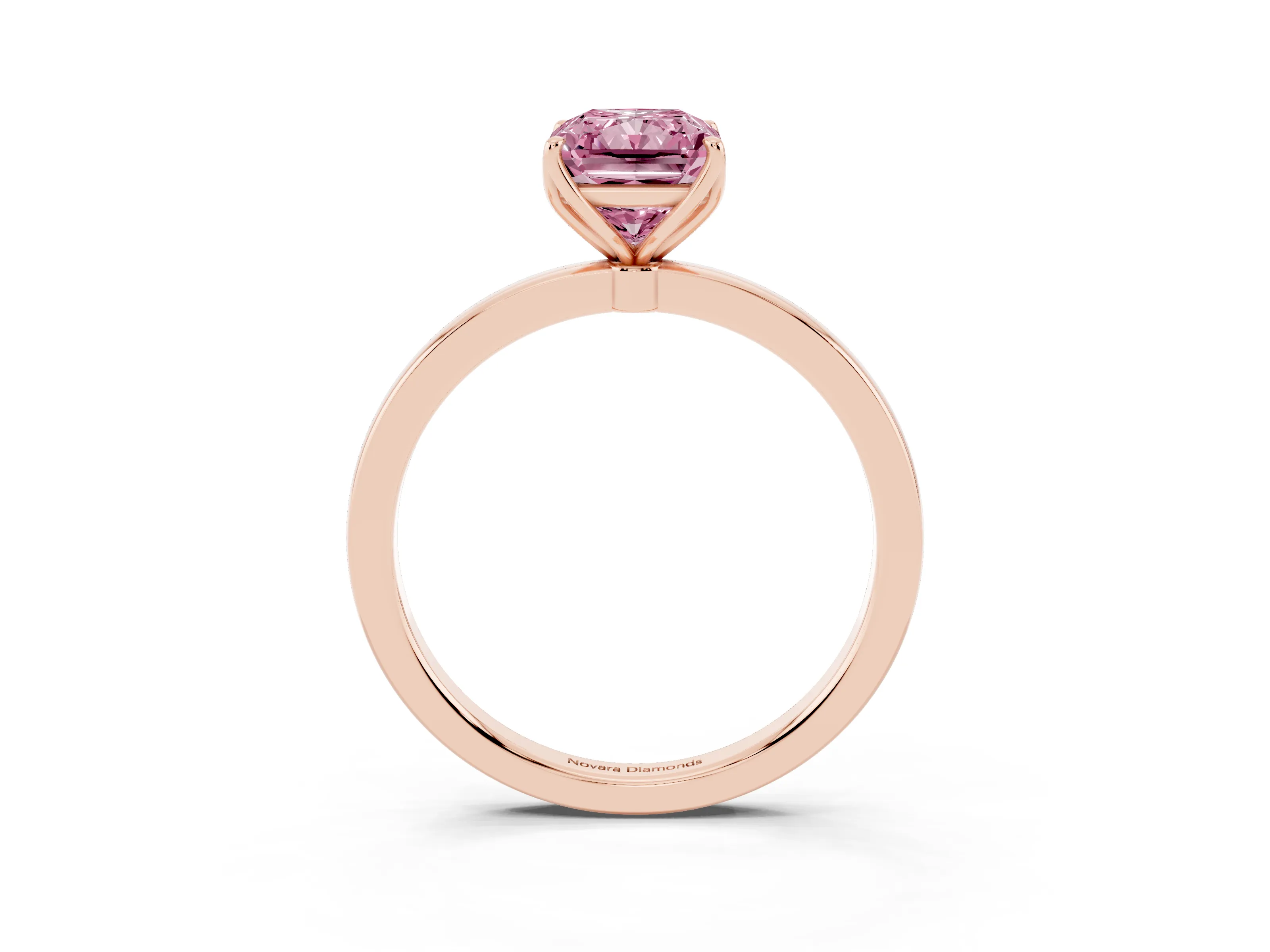 Fancy Pink Radiant Cut Diamond Solitaire Ring Set in Rose gold with Prong Setting and Thin Polished Band