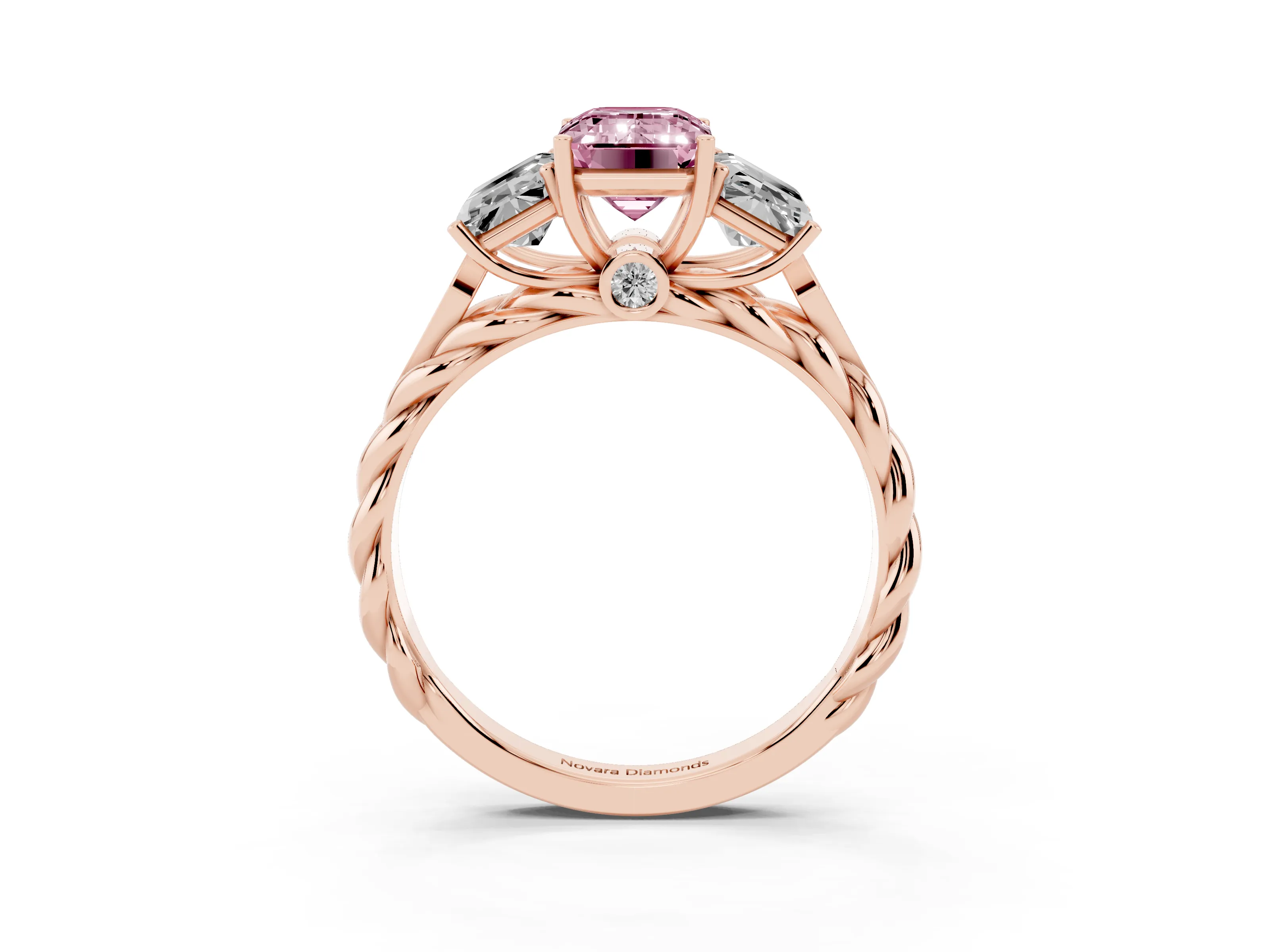 Fancy Pink Radiant Cut Diamond Three-Stone Ring Set in Rose gold with Braided Band
