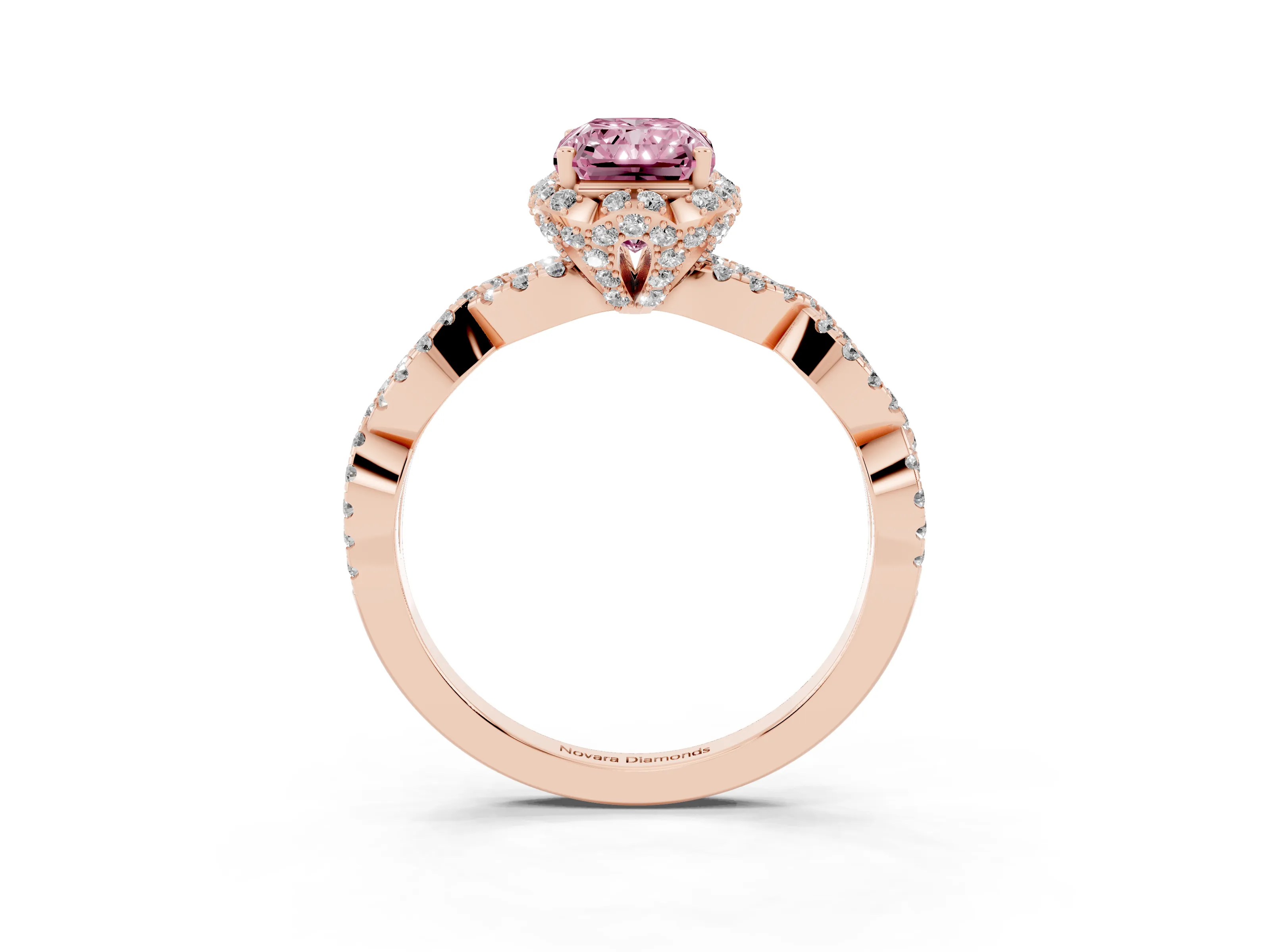 Fancy Pink Radiant Cut Diamond Halo Twist Band Solitaire Ring Set in Rose gold with Prong-Set Center Stone