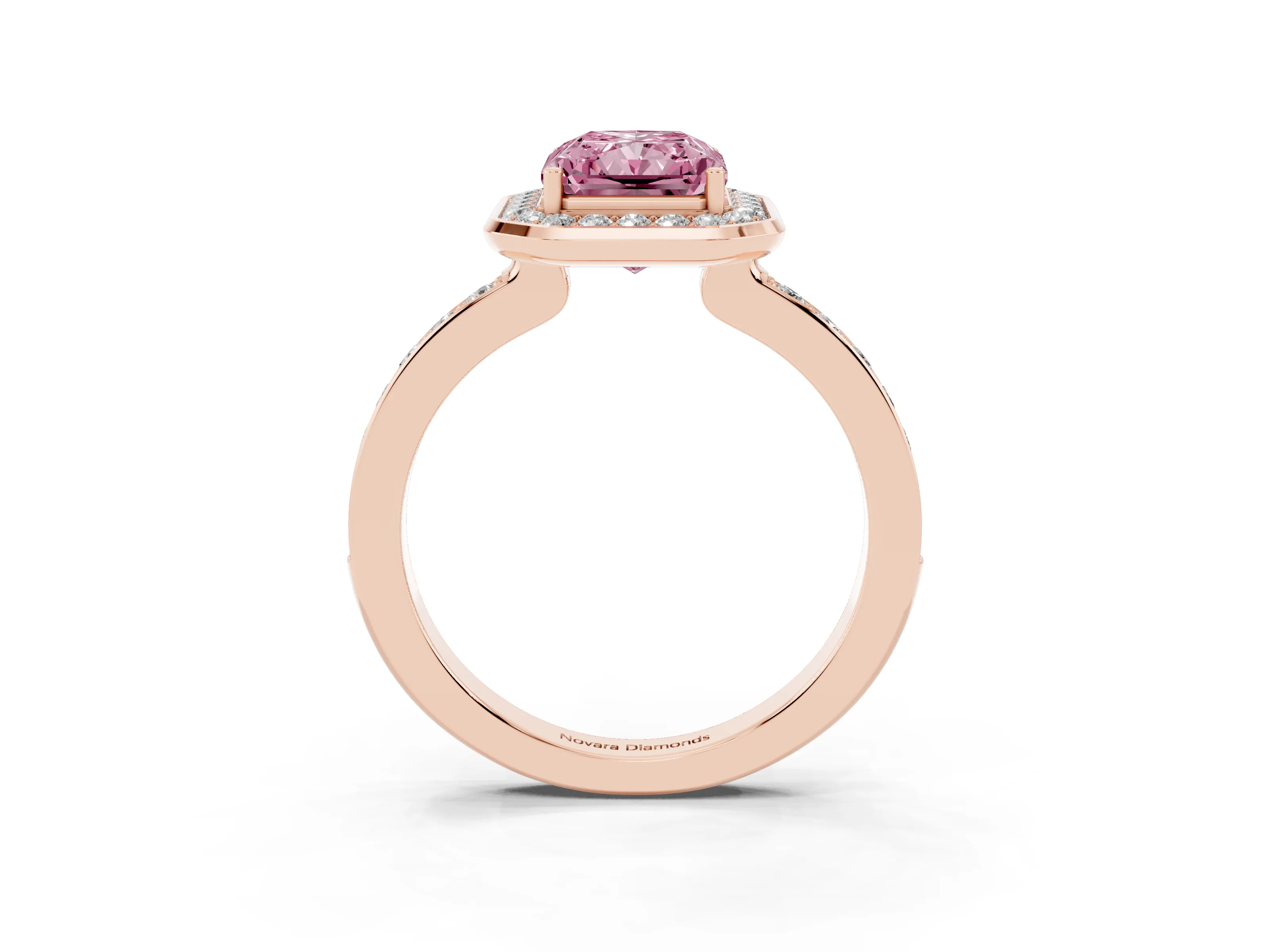 Fancy Pink Radiant Cut Diamond Halo Ring Set in Rose gold with Bezel Frame and Pavé Band
