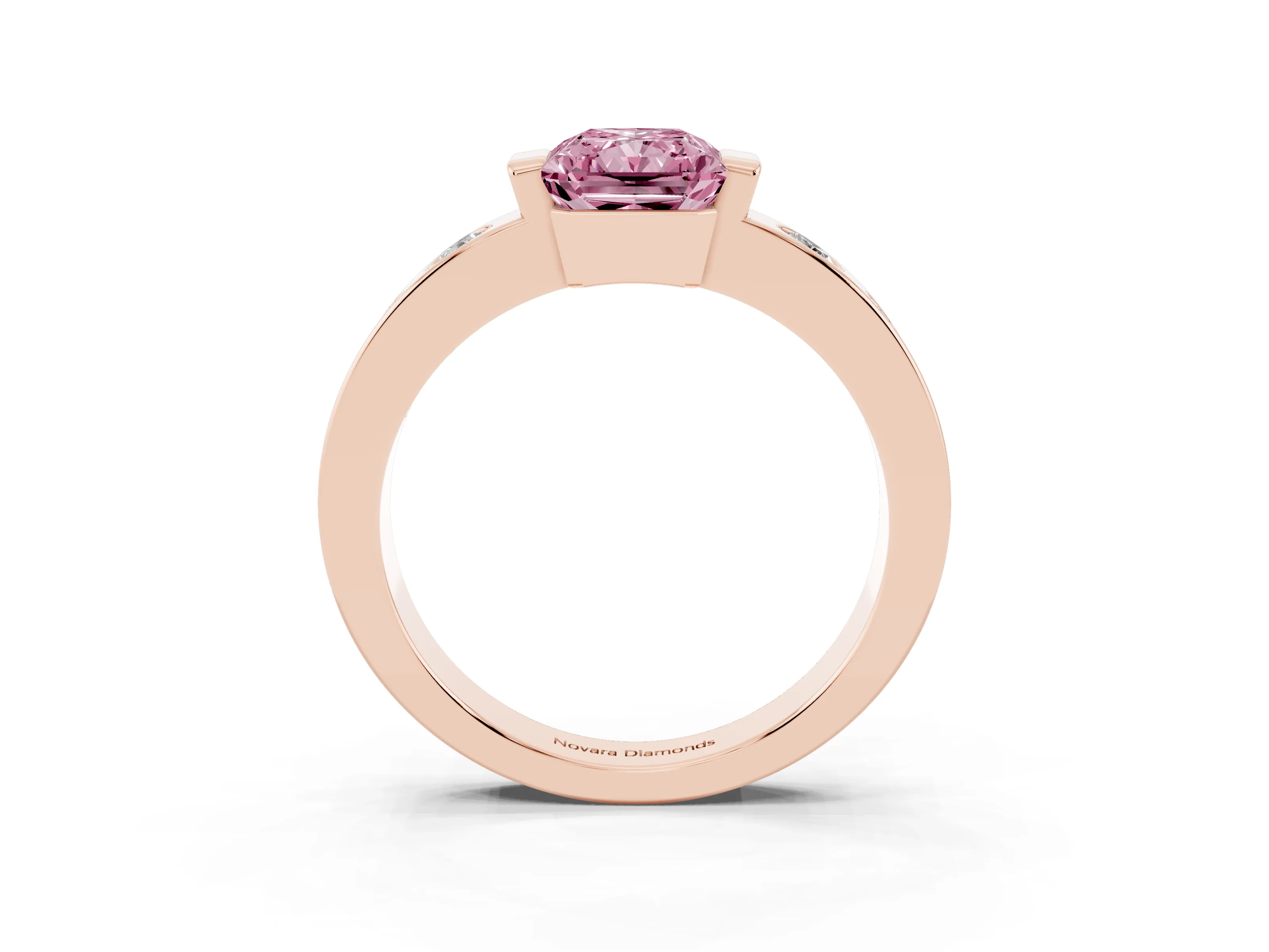 Fancy Pink Radiant Cut Diamond Channel-Set Band Ring Set in Rose gold with Bezel Prong Setting
