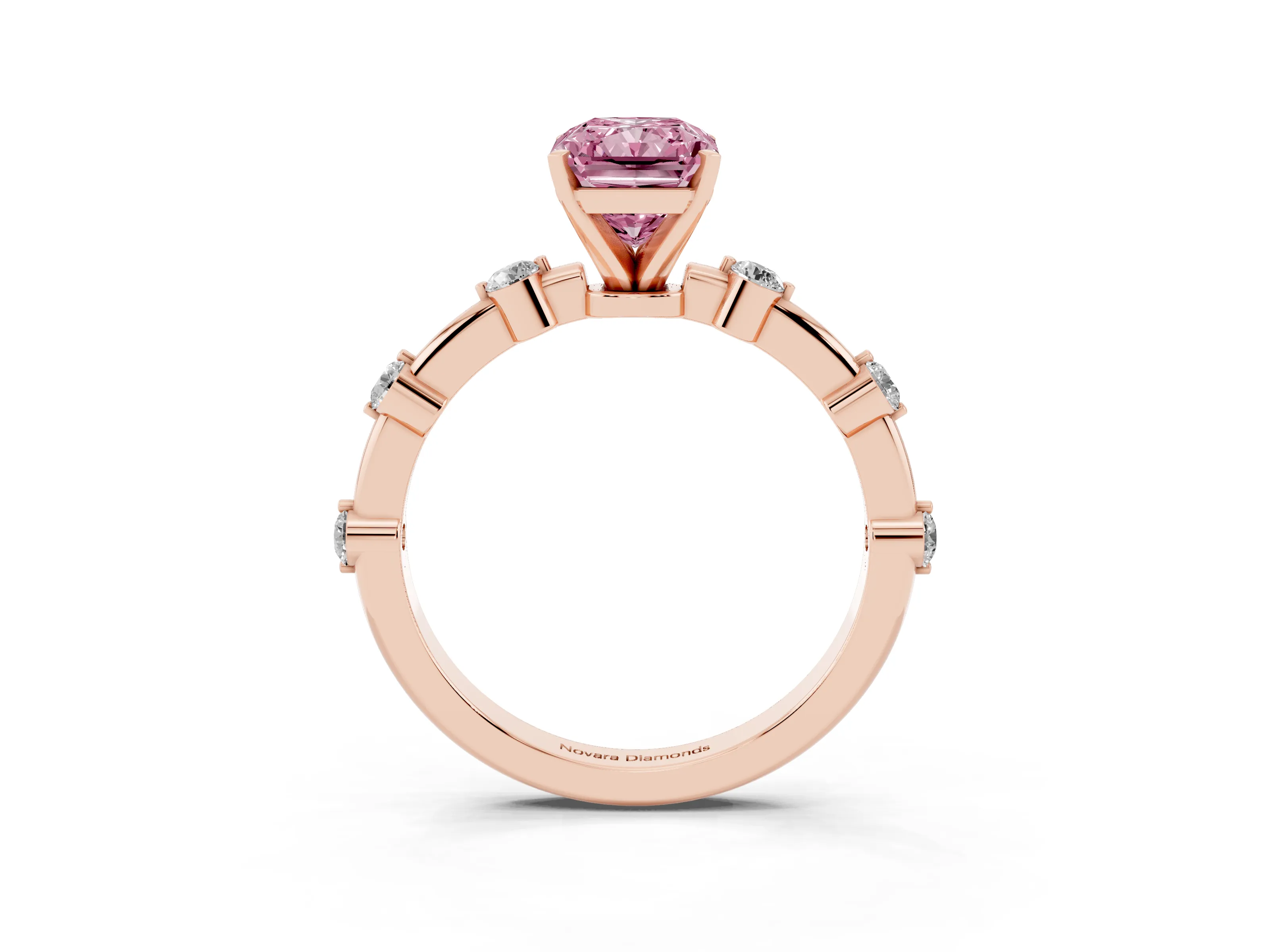Fancy Pink Radiant Cut Diamond Solitaire Ring Set in Rose gold with Bezel Set Side Stones and Prong Setting