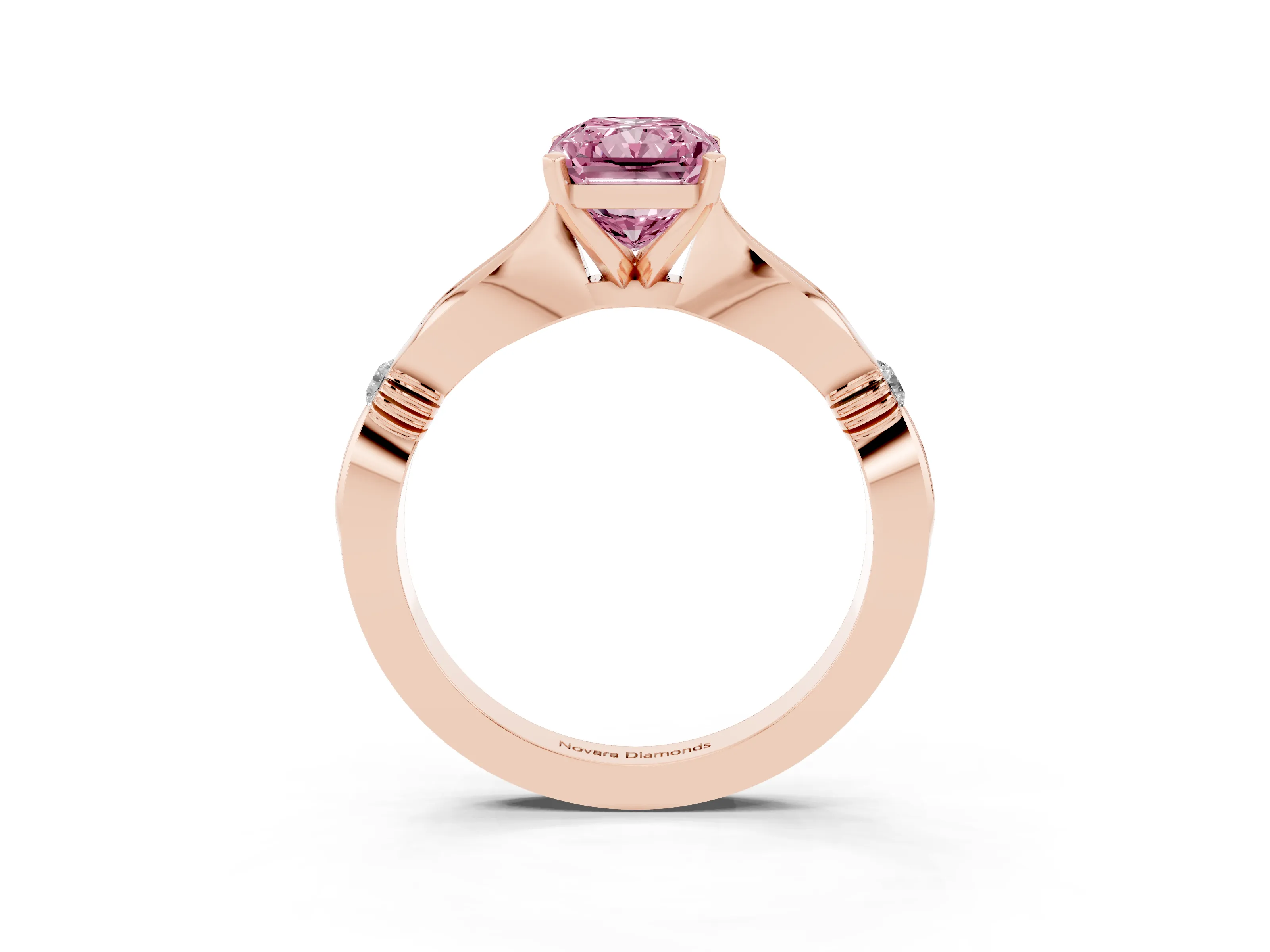Fancy Pink Radiant Cut Diamond Solitaire Twisted Band Ring Set in Rose gold with Accent Stones and Prong Setting