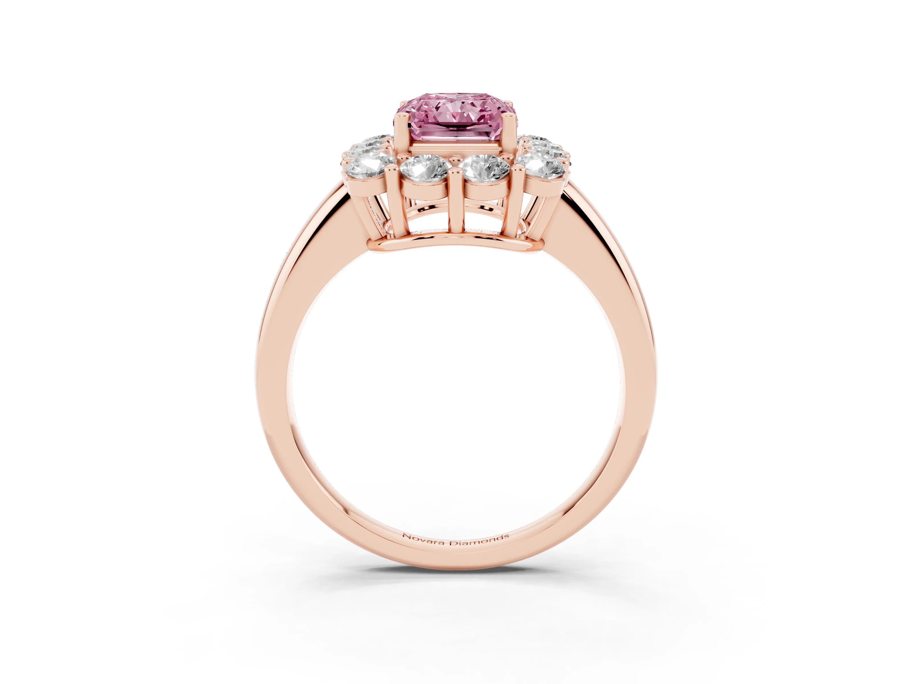 Fancy Pink Radiant Cut Diamond Halo Cluster Engagement Ring Set in Rose gold with Polished Band and Prong Setting