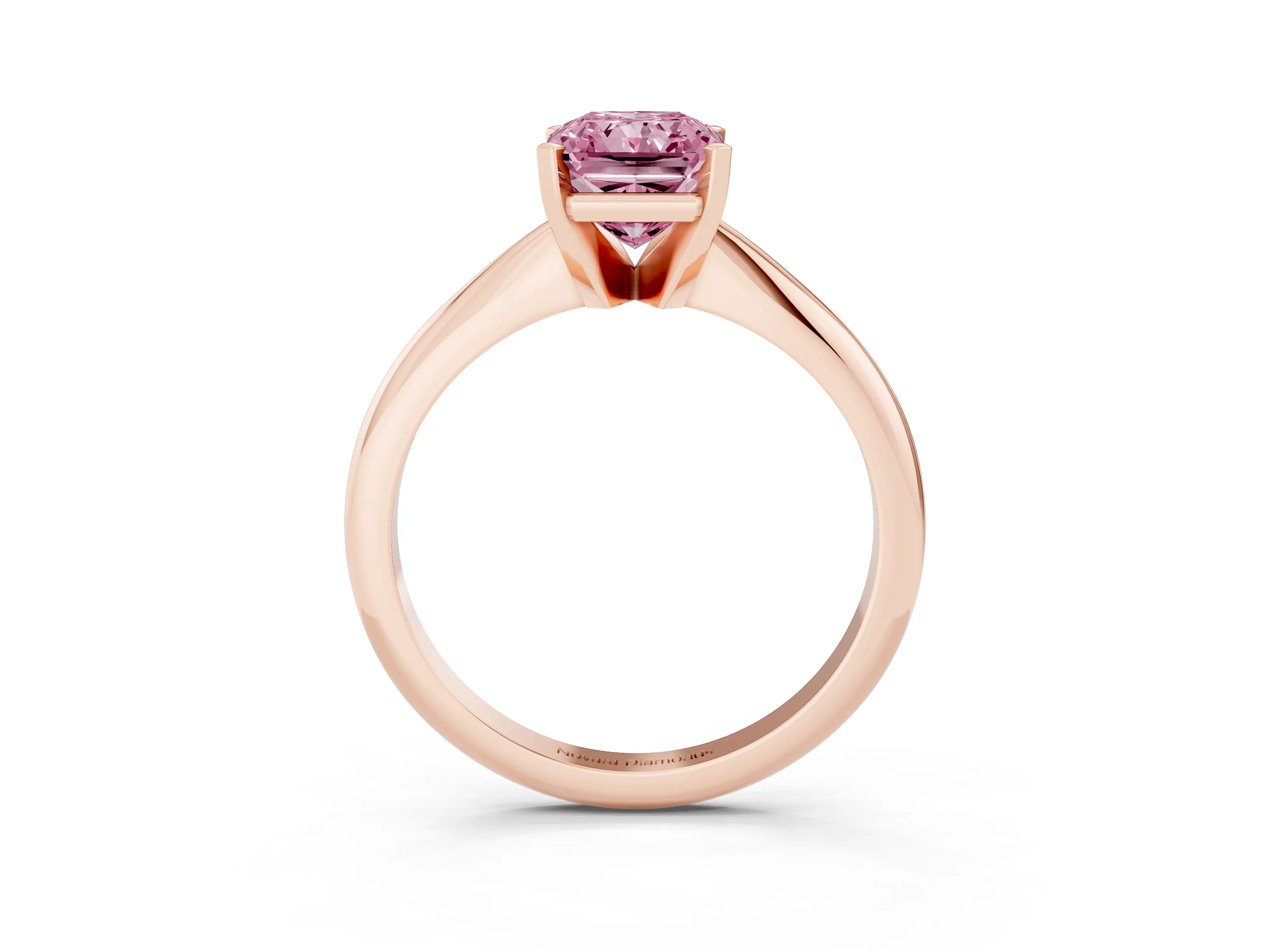 Fancy Pink Radiant Cut Diamond Solitaire Ring Set in Rose gold with Prong Setting on a Plain Round Band