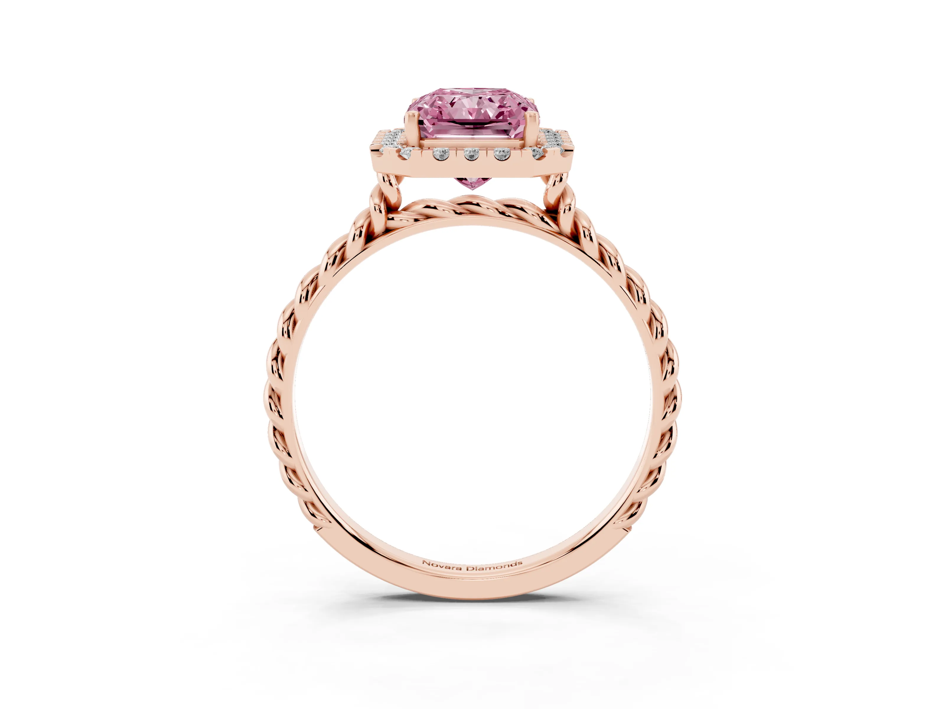 Fancy Pink Radiant Cut Diamond Halo Ring Set in Rose gold with Plain Twisted Band