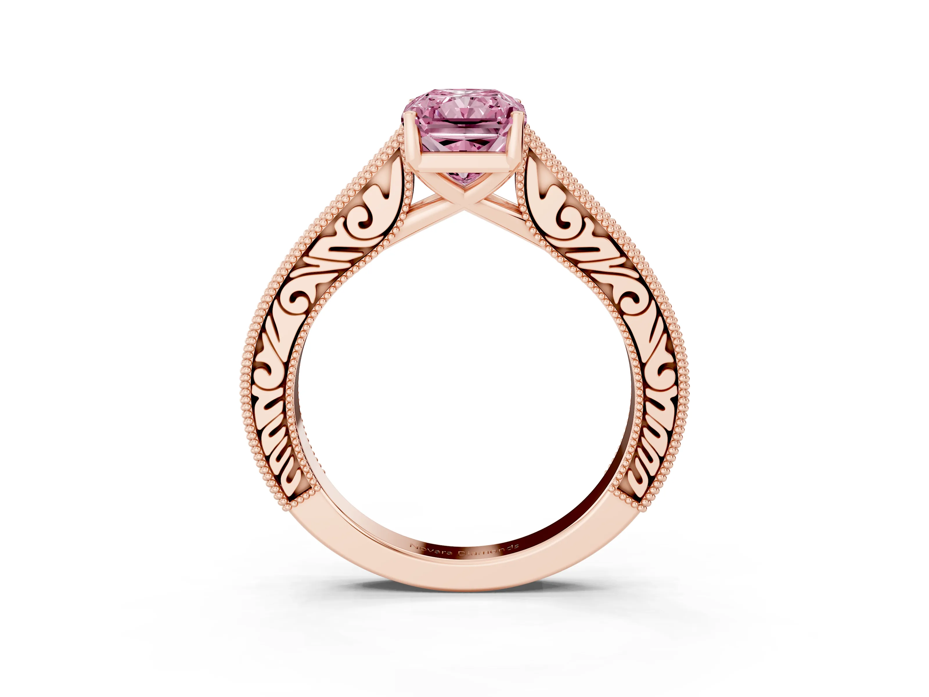Fancy Pink Radiant Cut Diamond Milgrain Pavé Band Solitaire Ring Set in Rose gold with Prong Setting