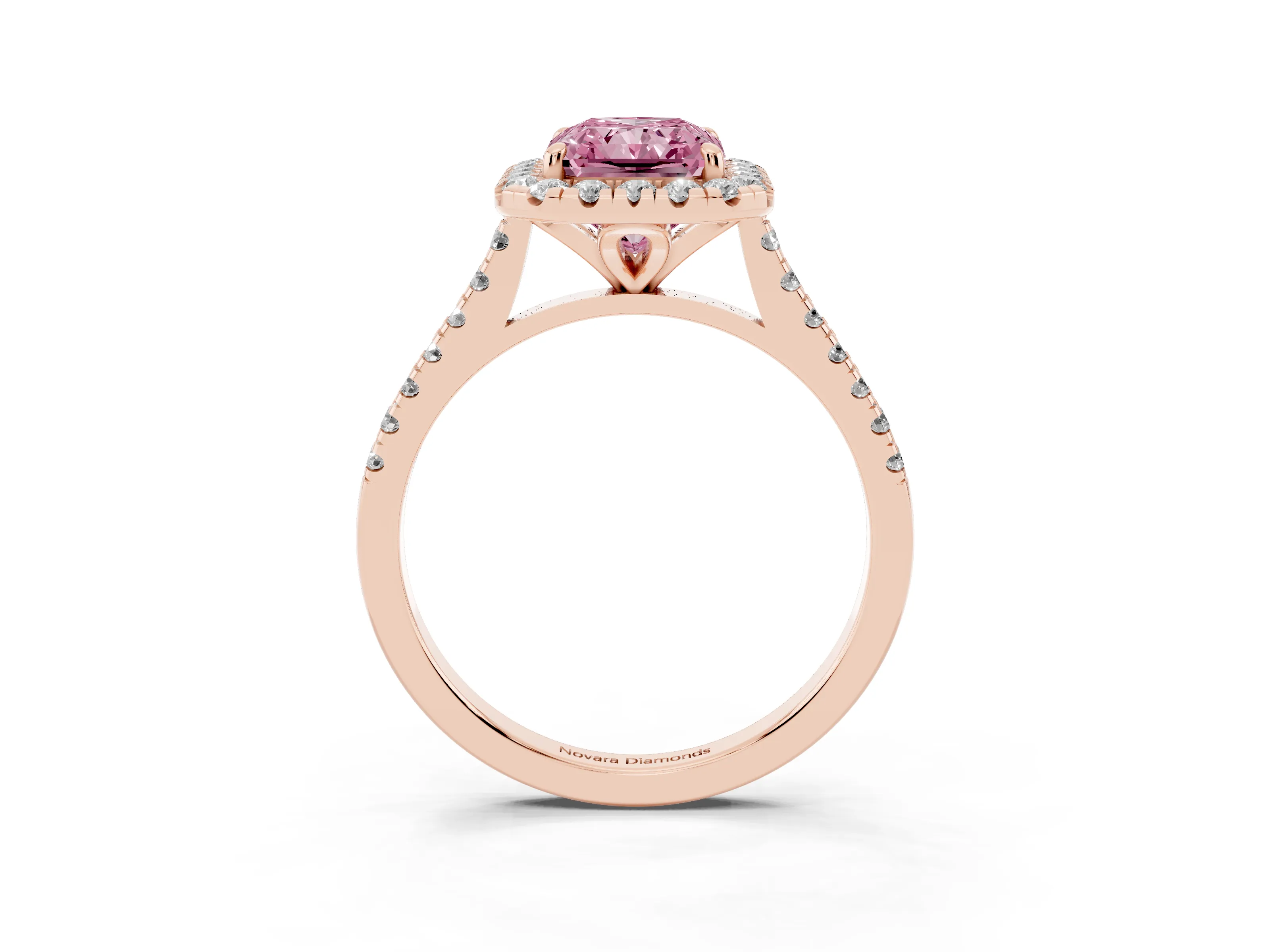 Fancy Pink Radiant Cut Diamond Cushion Halo Ring Set in Rose gold with Pavé Band