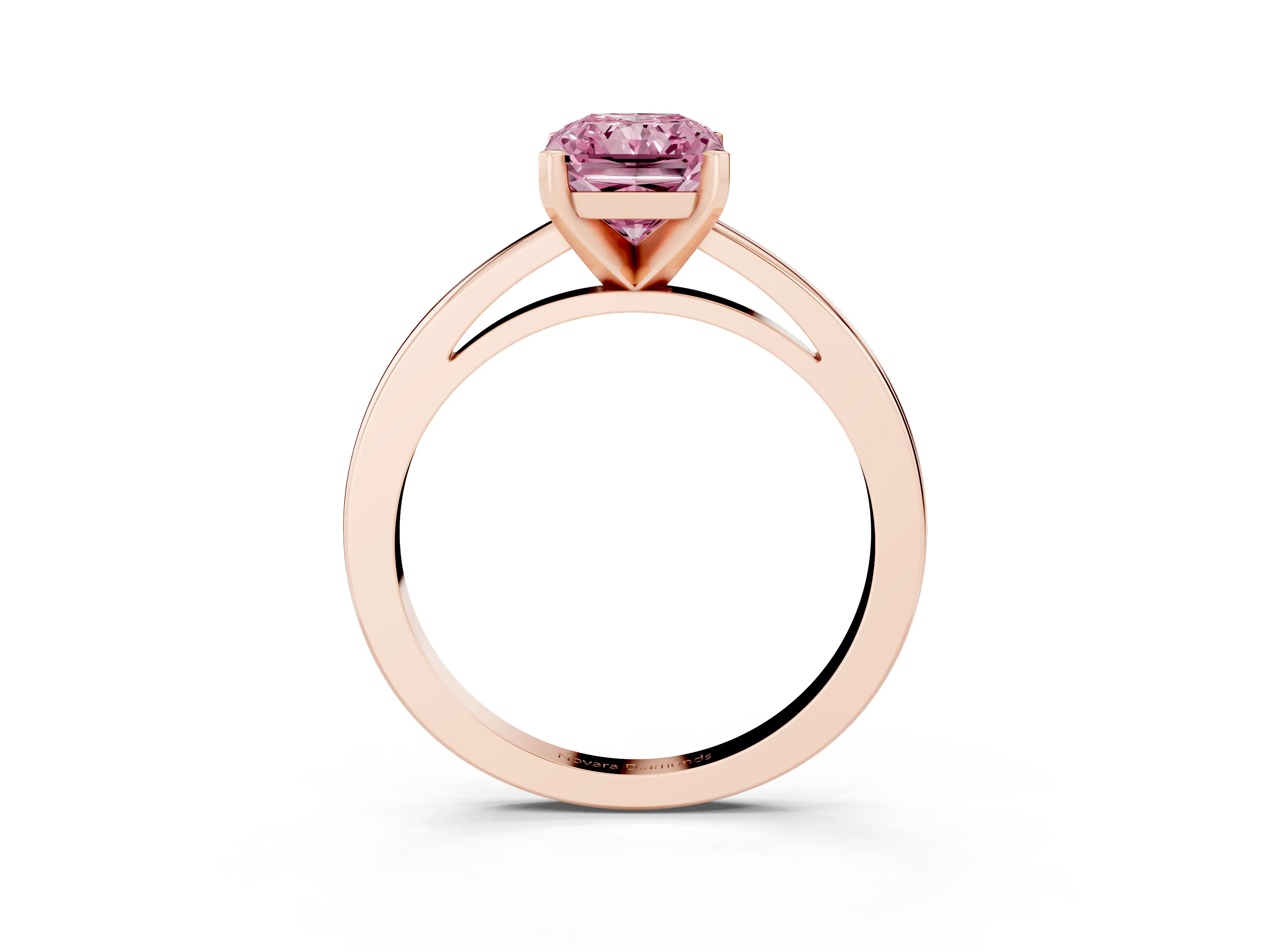 Fancy Pink Radiant Cut Diamond Solitaire Engagement Ring Set in Rose gold with Prong Setting on a Classic Band