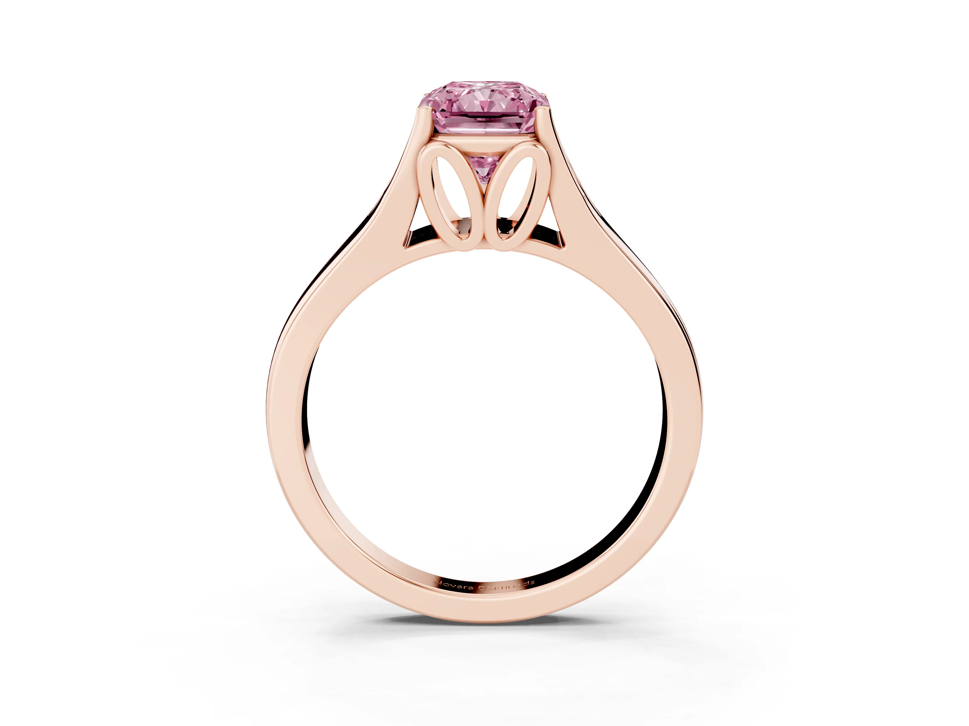 Fancy Pink Radiant Cut Diamond Solitaire Ring Set in Rose gold with Arched Cathedral Band and Prong Setting