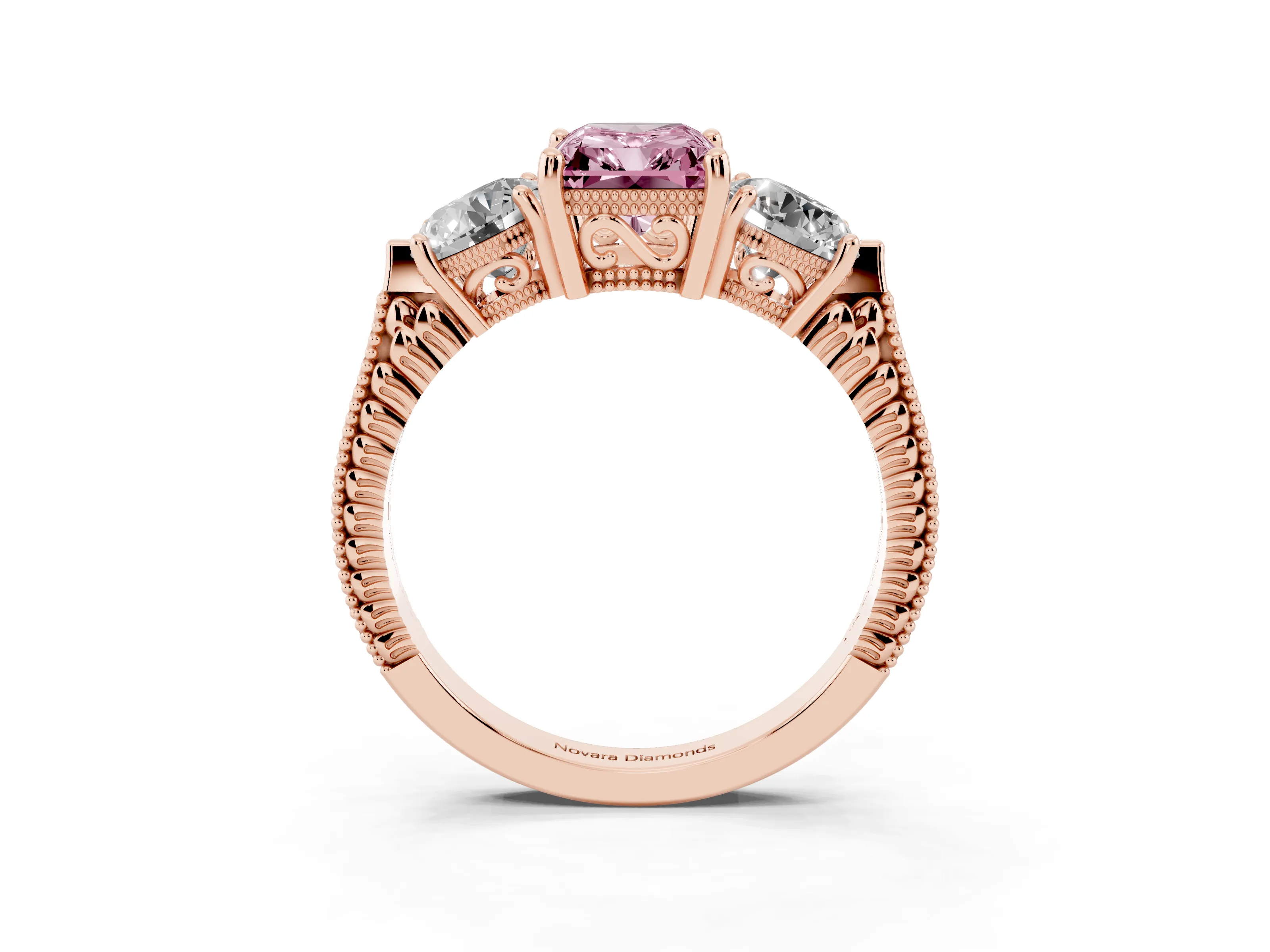 Fancy Pink Radiant Cut Diamond Three-Stone Ring Set in Rose gold with Milgrain Band
