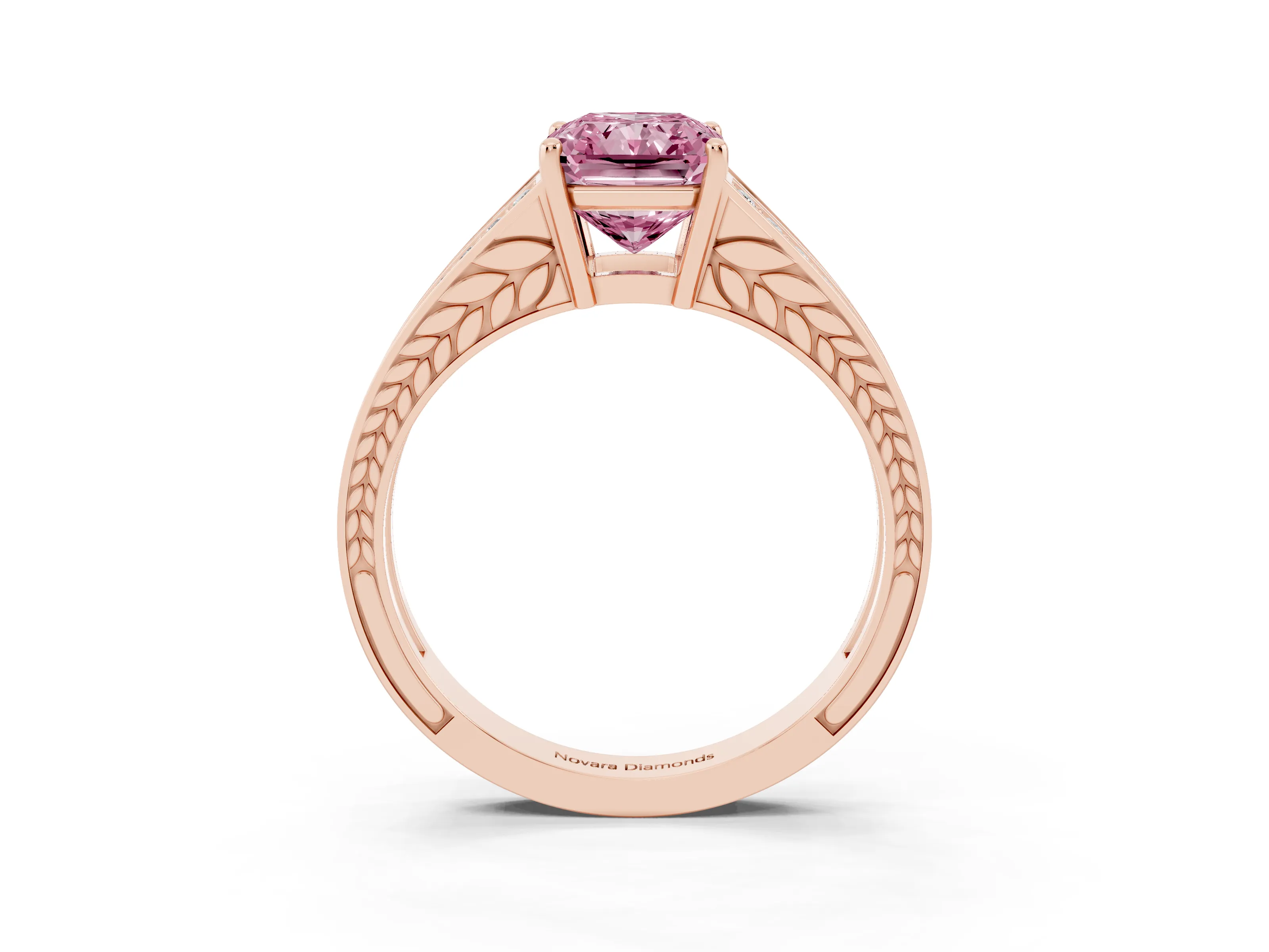 Fancy Pink Radiant Cut Diamond Split Shank Ring Set in Rose gold with Pavé Band and Prong Setting