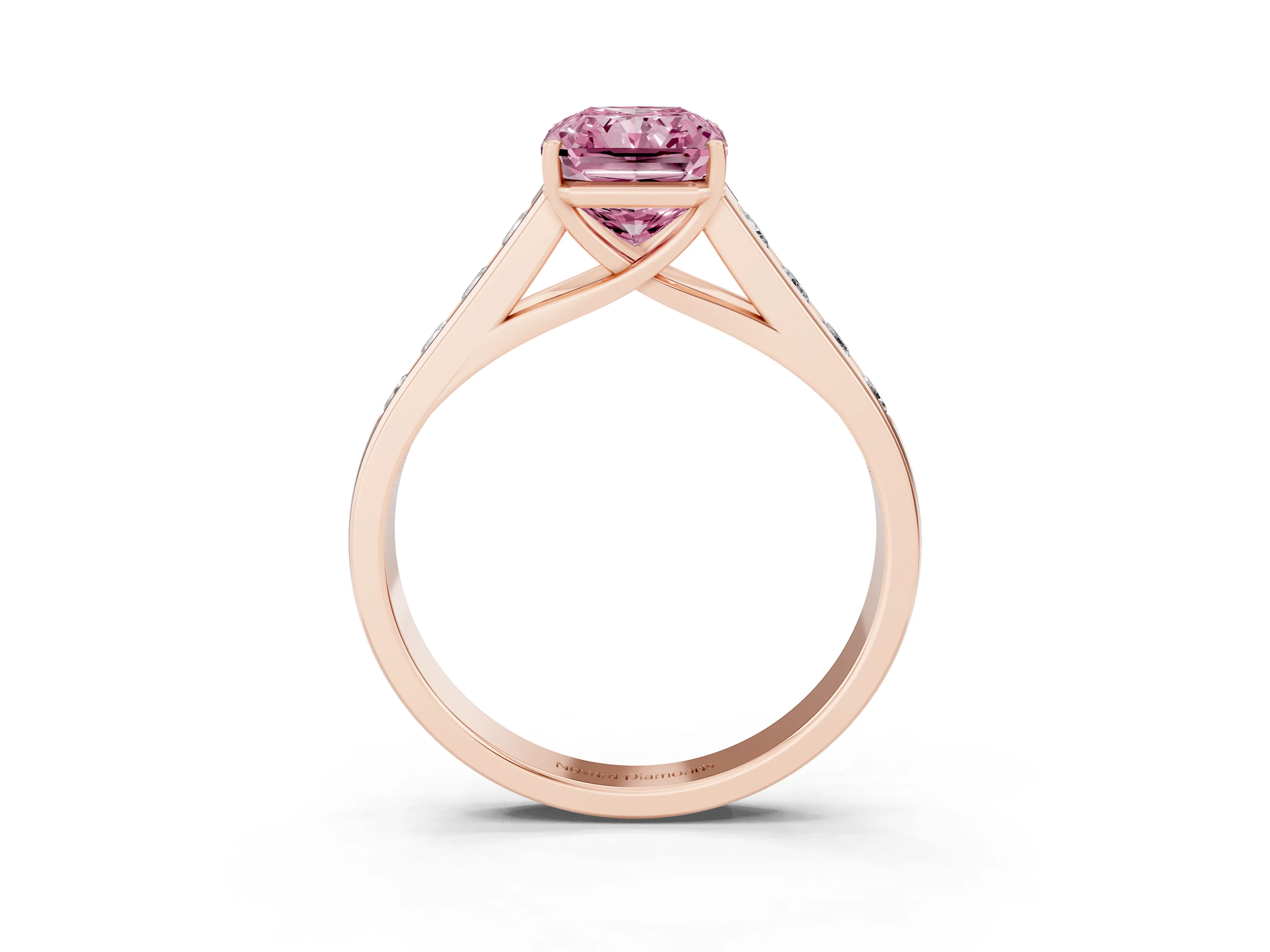 Fancy Pink Radiant Cut Diamond Brilliant Channel-Set Solitaire Ring Set in Rose gold with Prong Setting