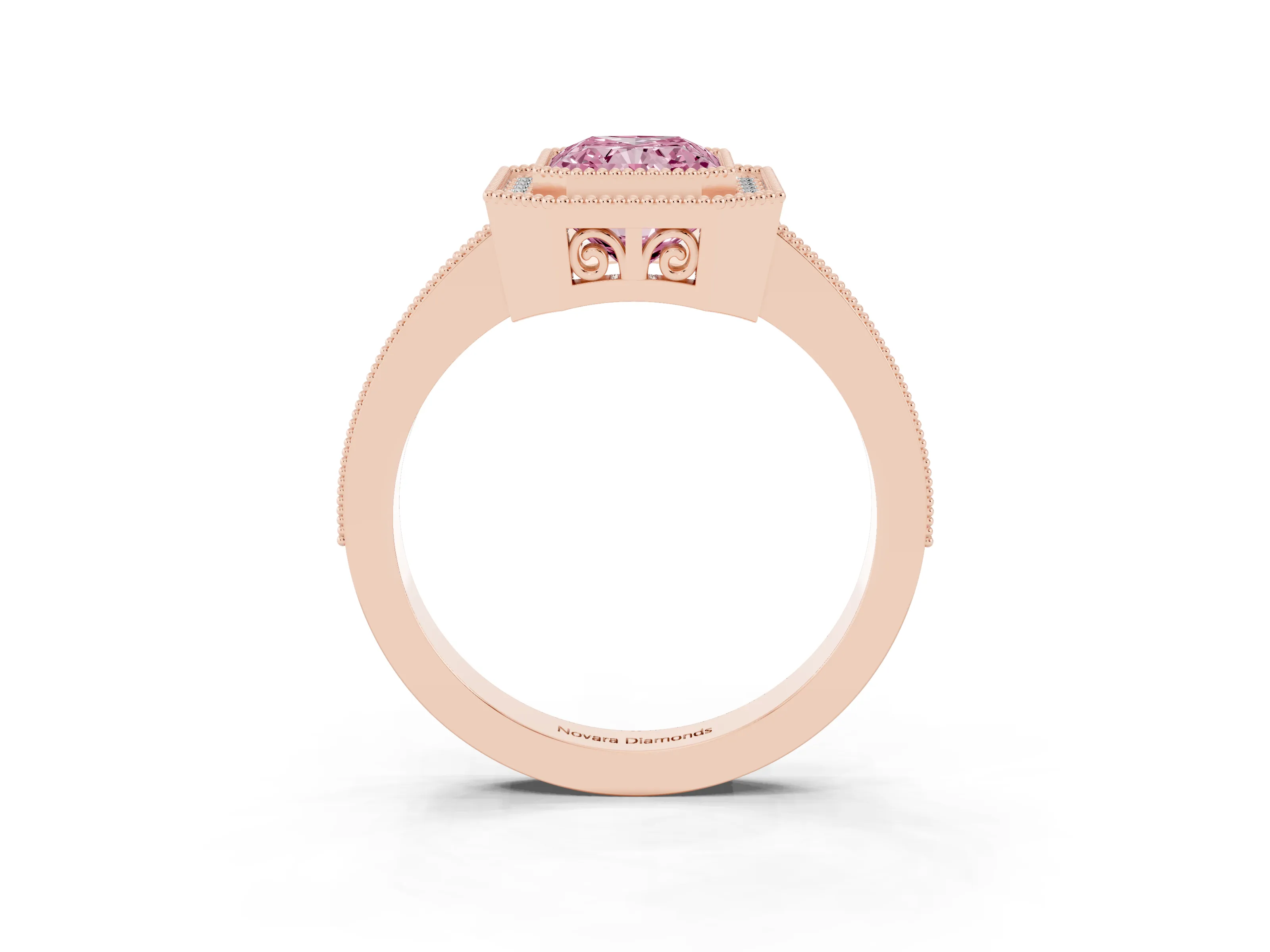 Fancy Pink Radiant Cut Diamond Round Halo Ring Set in Rose gold with Pavé Band
