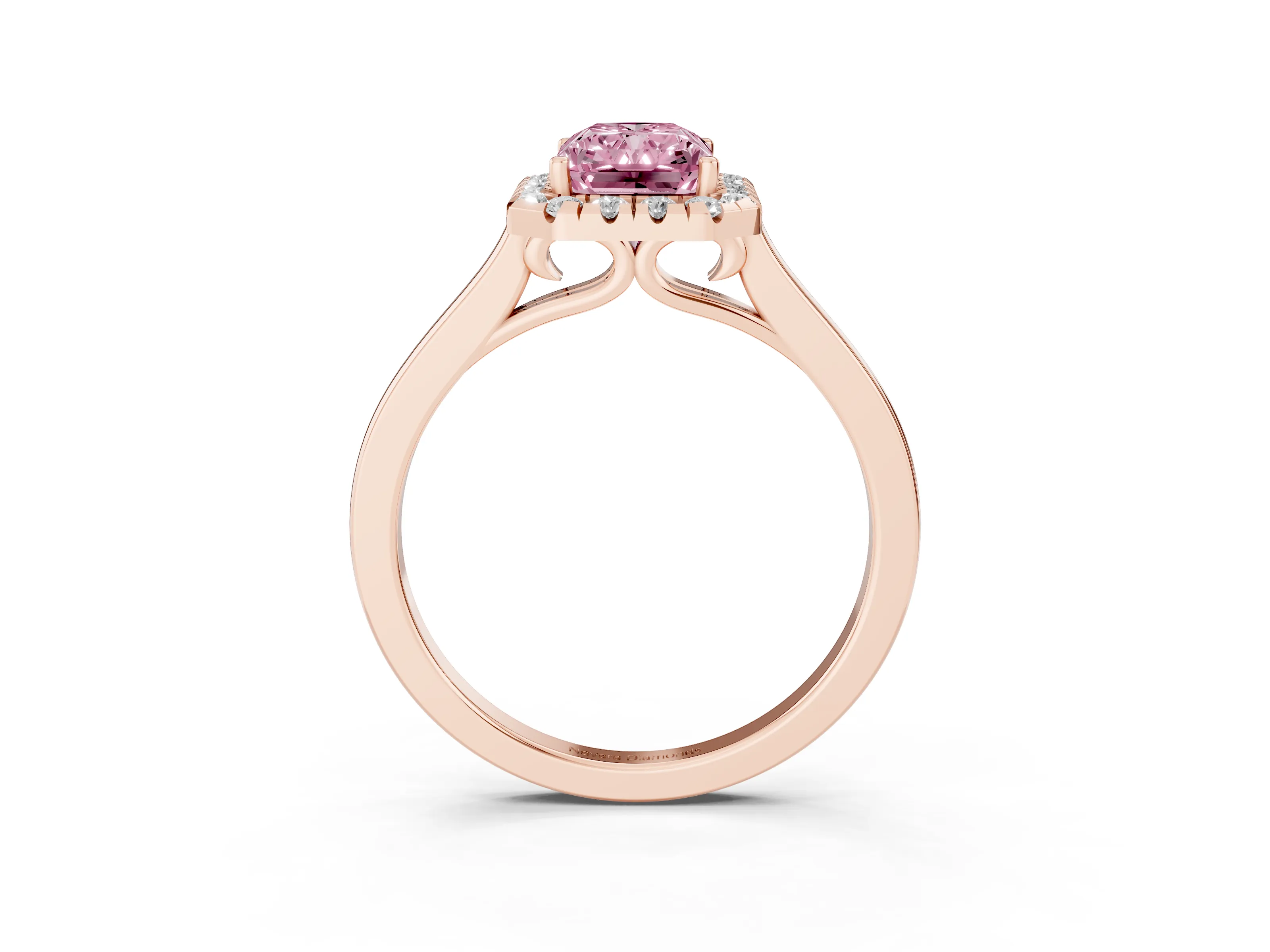 Fancy Pink Radiant Cut Halo Round Diamond Solitaire Ring Set in Rose gold with Pavé Band and Prong Setting