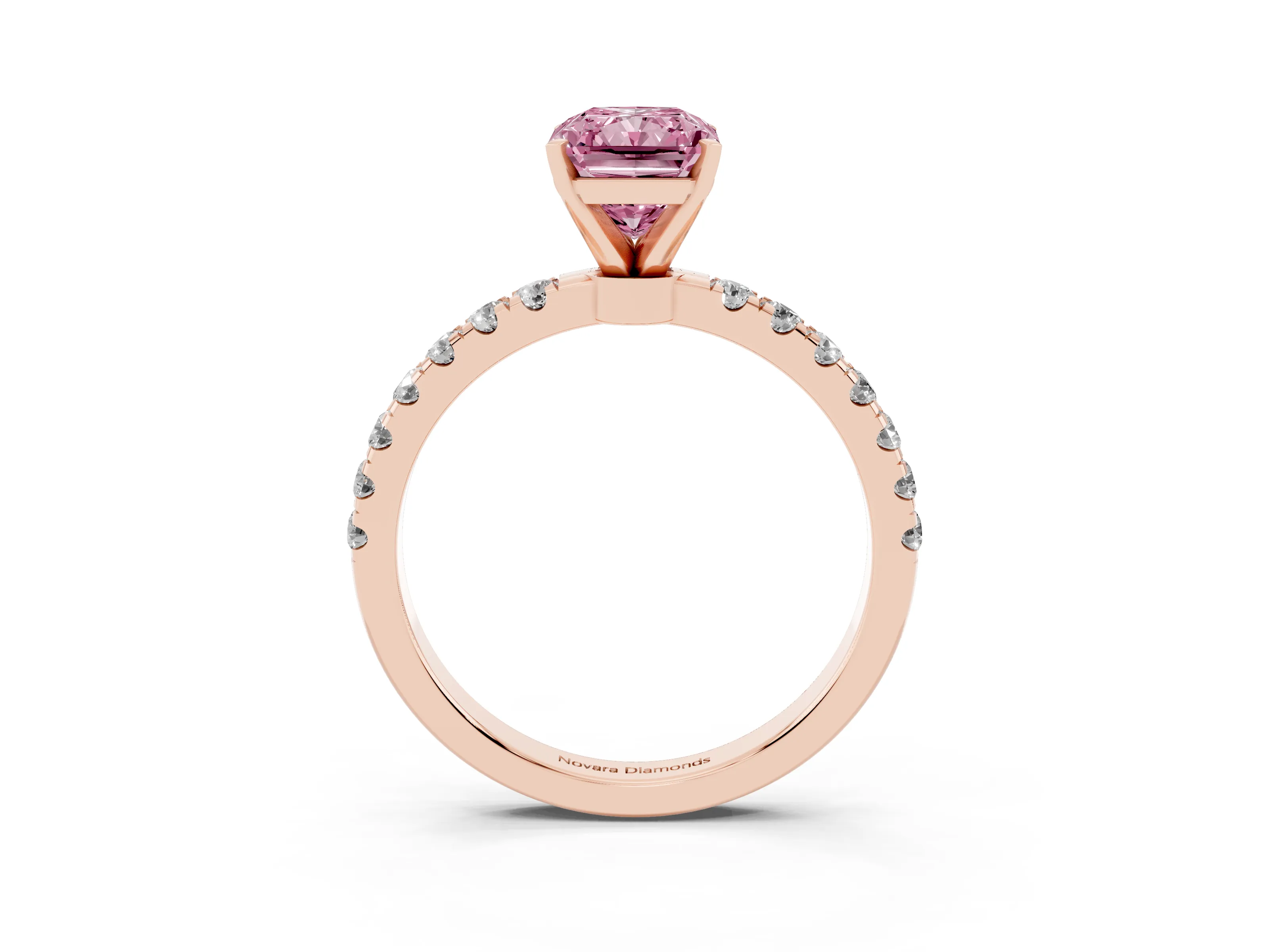 Fancy Pink Radiant Cut Diamond Solitaire Ring Set in Rose gold with Pavé Accents and Prong Setting