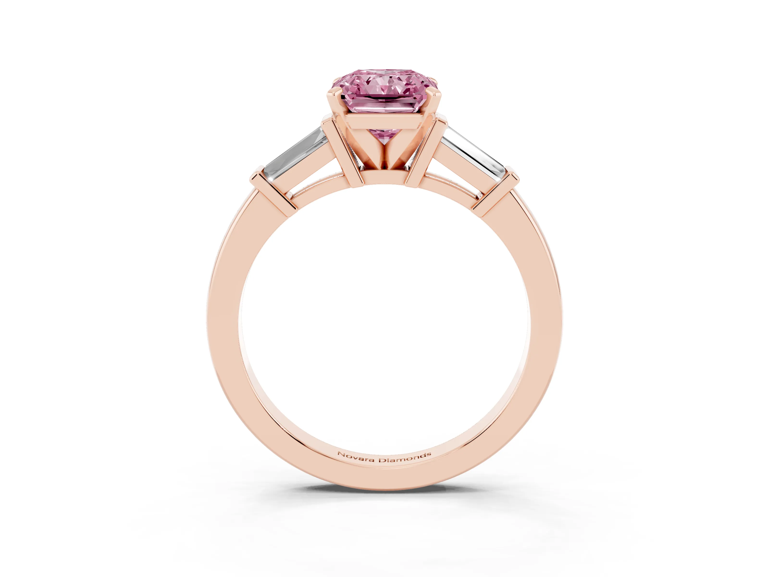 Fancy Pink Radiant Cut Diamond Solitaire Ring Set in Rose gold with Tapered Baguette Accents and Prong Setting
