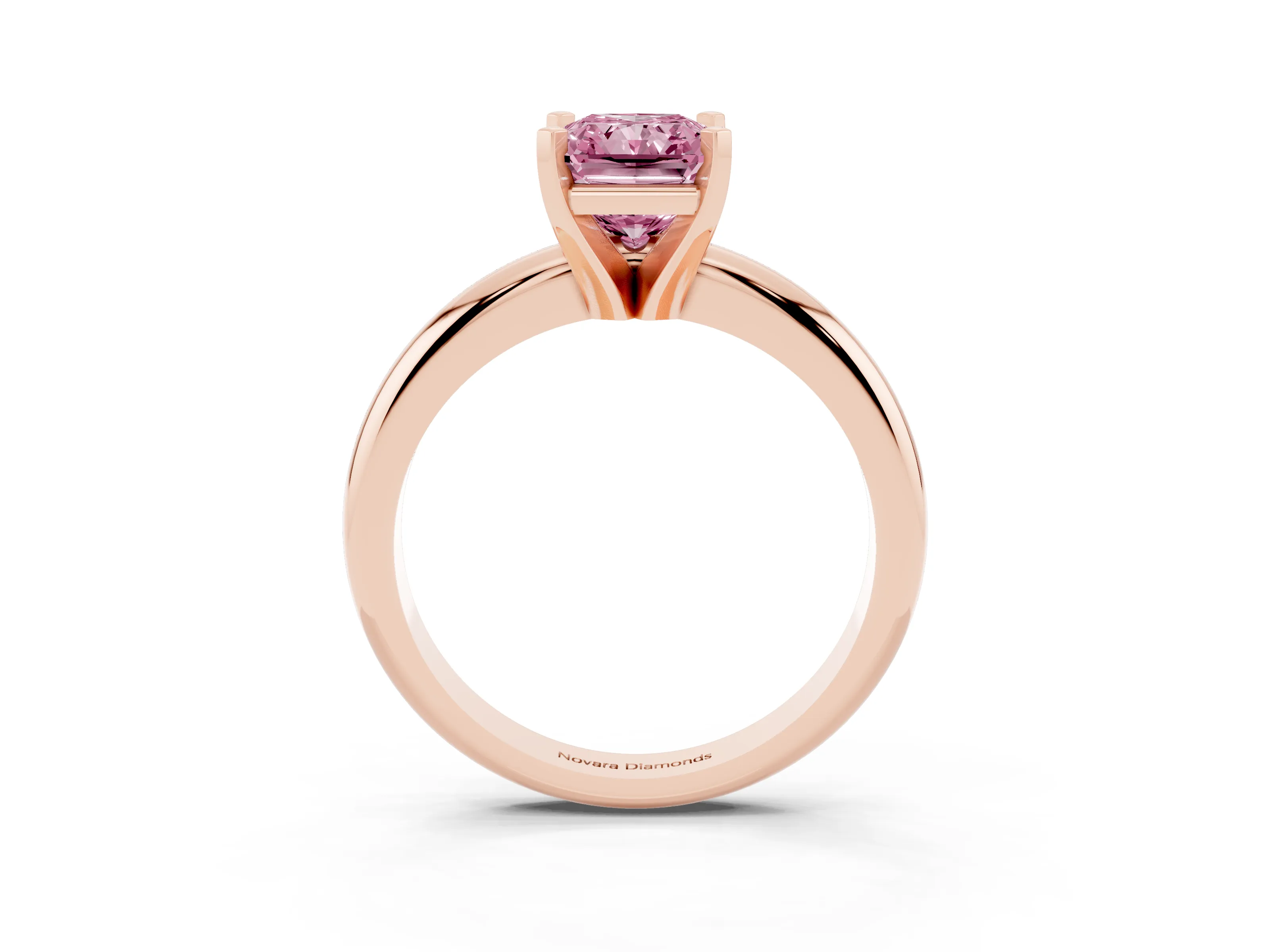 Fancy Pink Radiant Cut Diamond Solitaire Engagement Ring Set in Rose gold with Round Band and Prong Setting