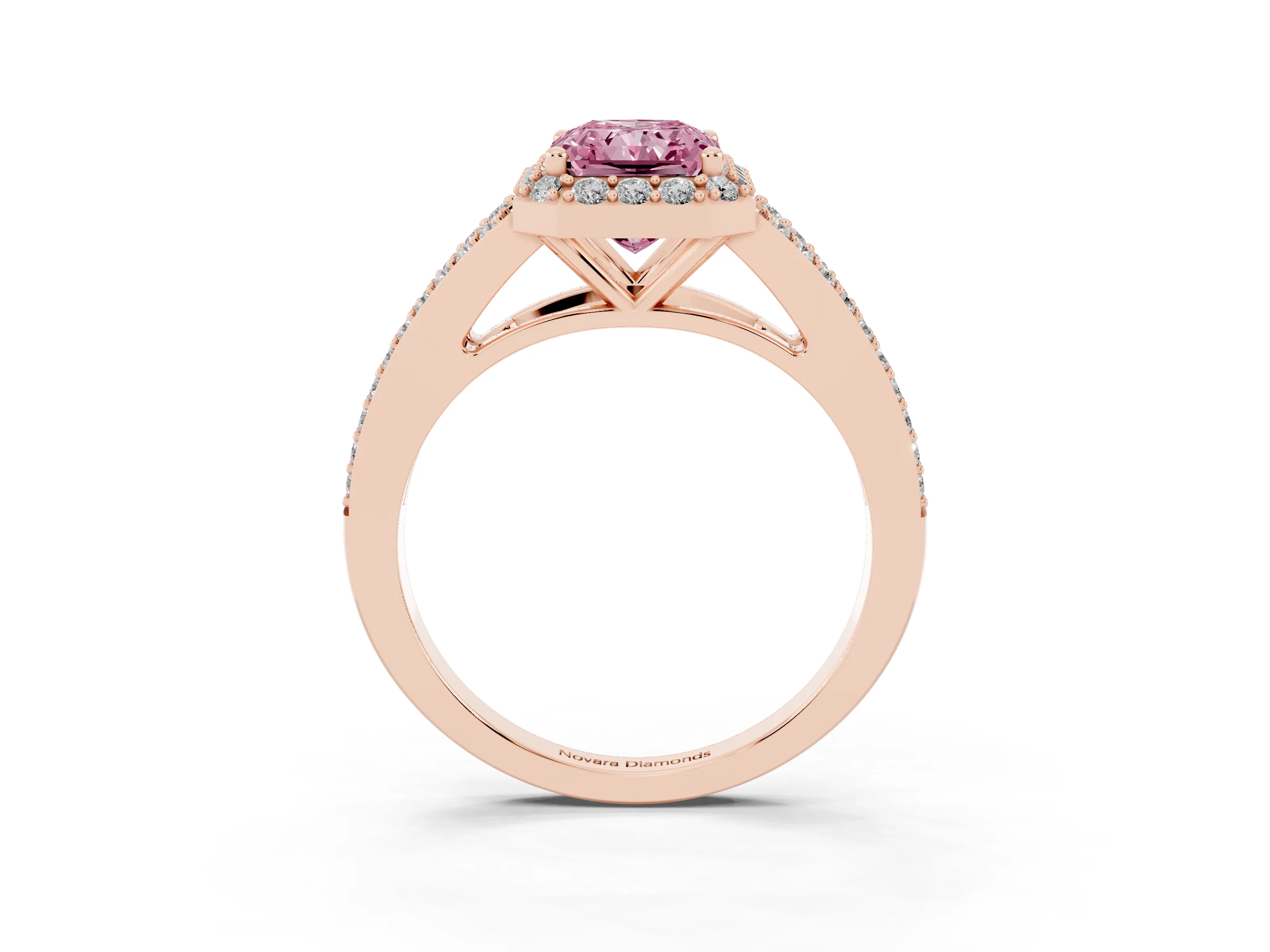 Fancy Pink Radiant Cut Diamond Halo Split Shank Pavé Ring Set in Rose gold with Prong Setting