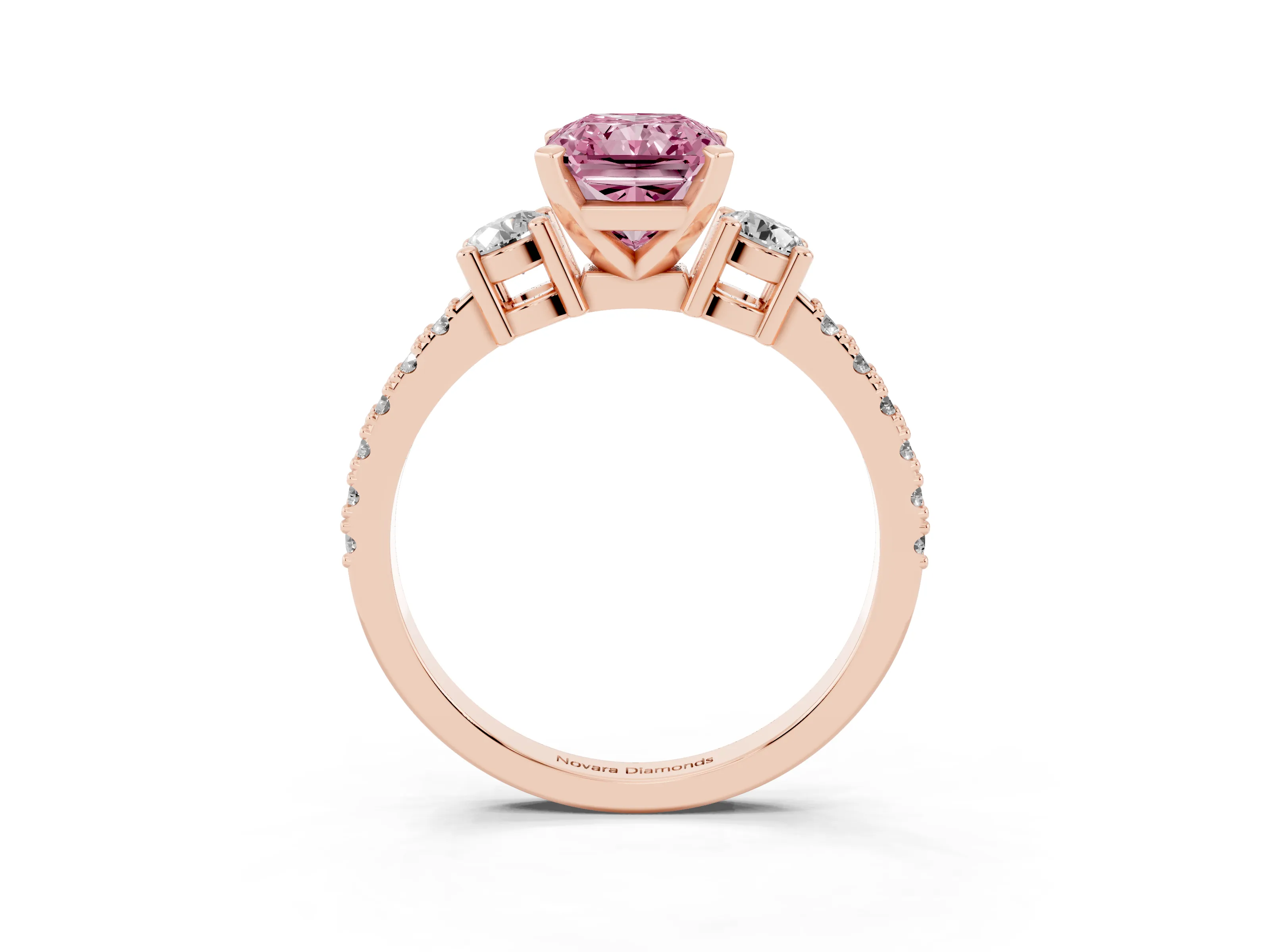 Fancy Pink Three-Stone Radiant Cut Diamond Pavé Band Ring Set in Rose gold with Prong Setting