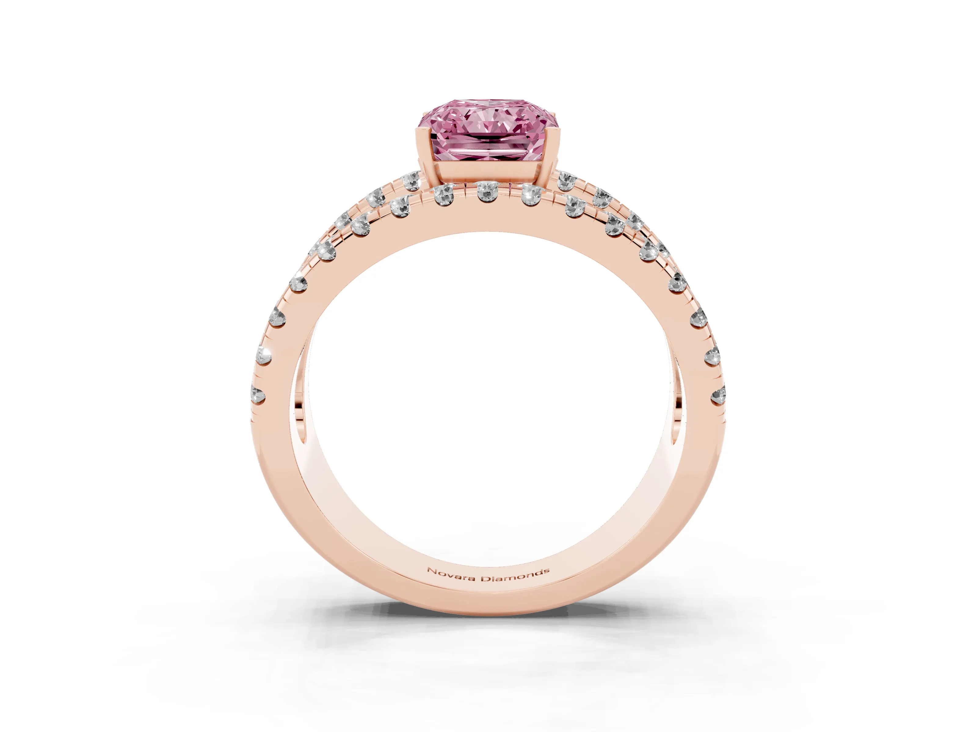 Fancy Pink Radiant Cut Diamond Split Shank Pavé Solitaire Ring Set in Rose gold with Open Shank Design