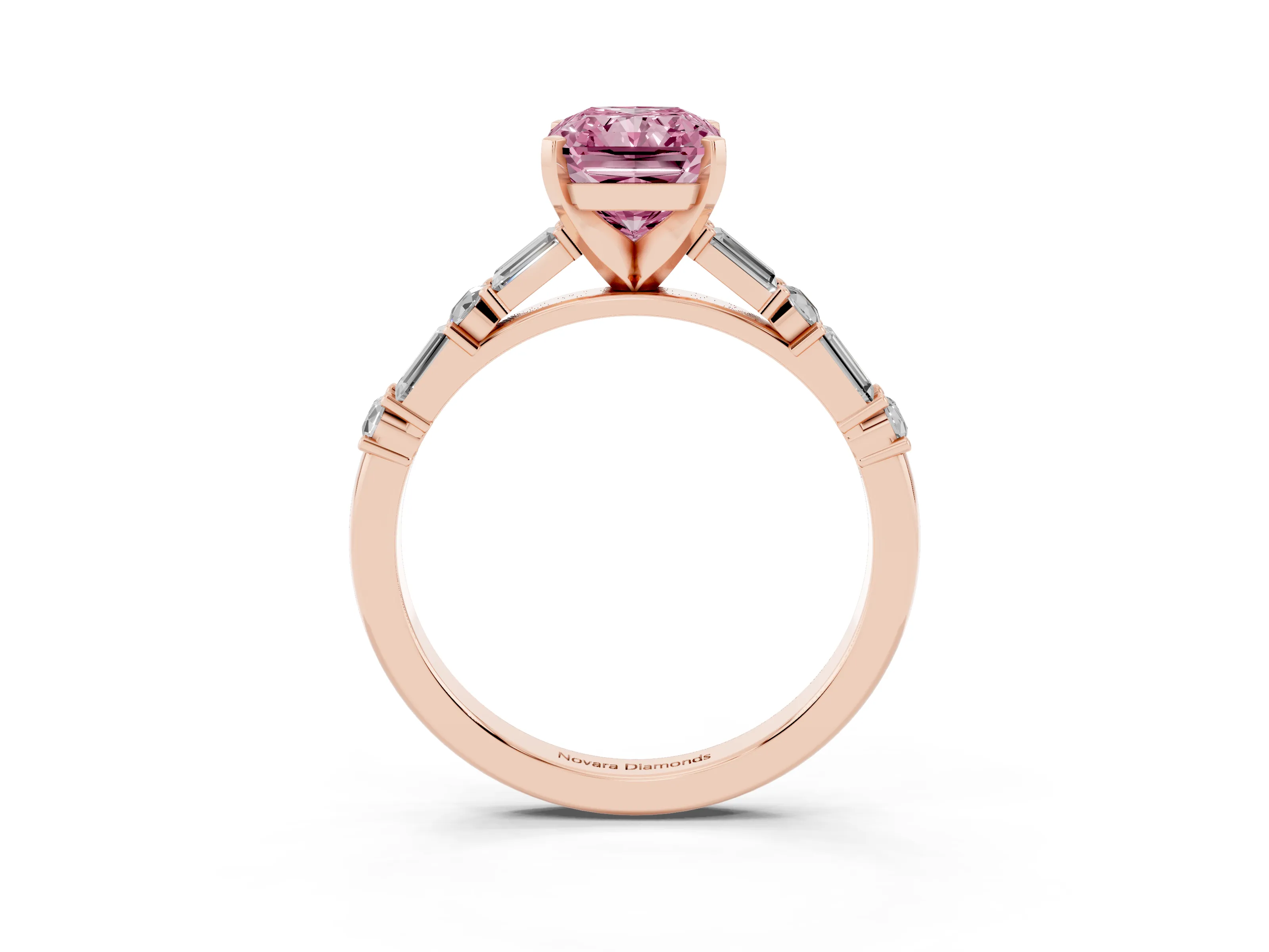 Fancy Pink Radiant Cut Diamond Solitaire Set in Rose gold with Side Baguettes and Channel Set Band