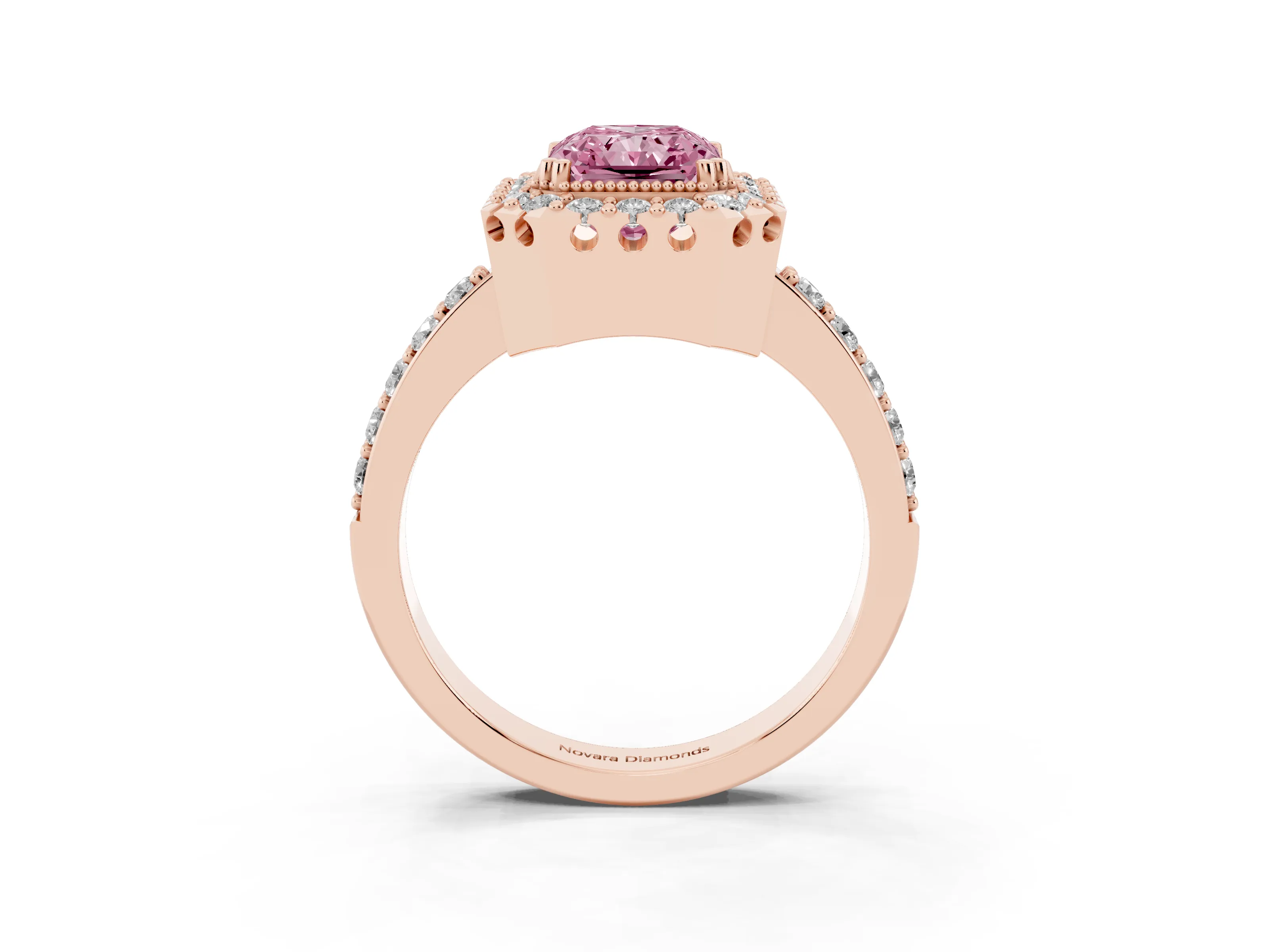 Fancy Pink Radiant Cut Diamond Halo Ring Set in Rose gold with Pavé Shank and Prong Setting
