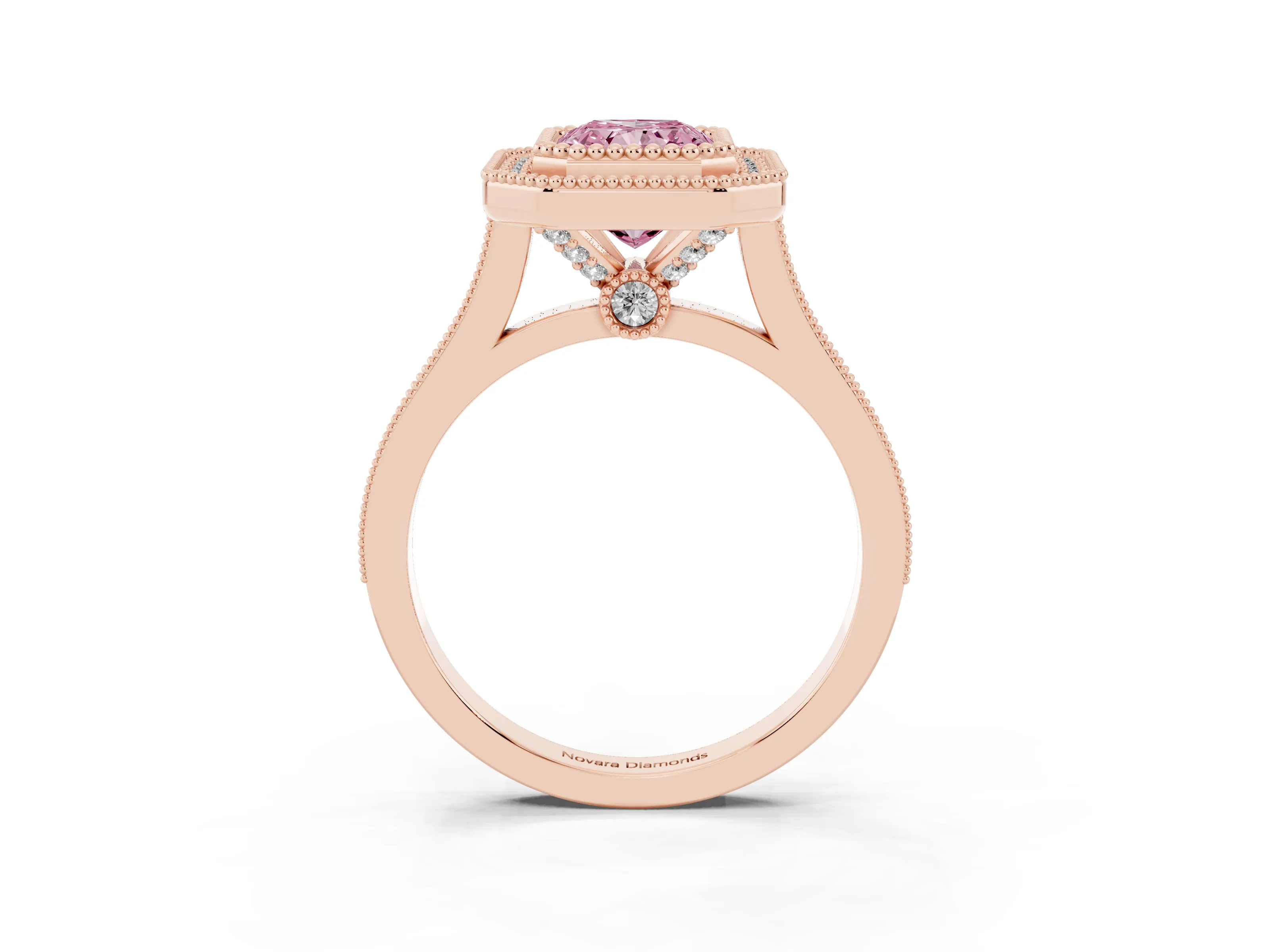 Fancy Pink Radiant Cut Diamond Halo Ring Set in Rose gold with Milgrain Frame and Pavé Band