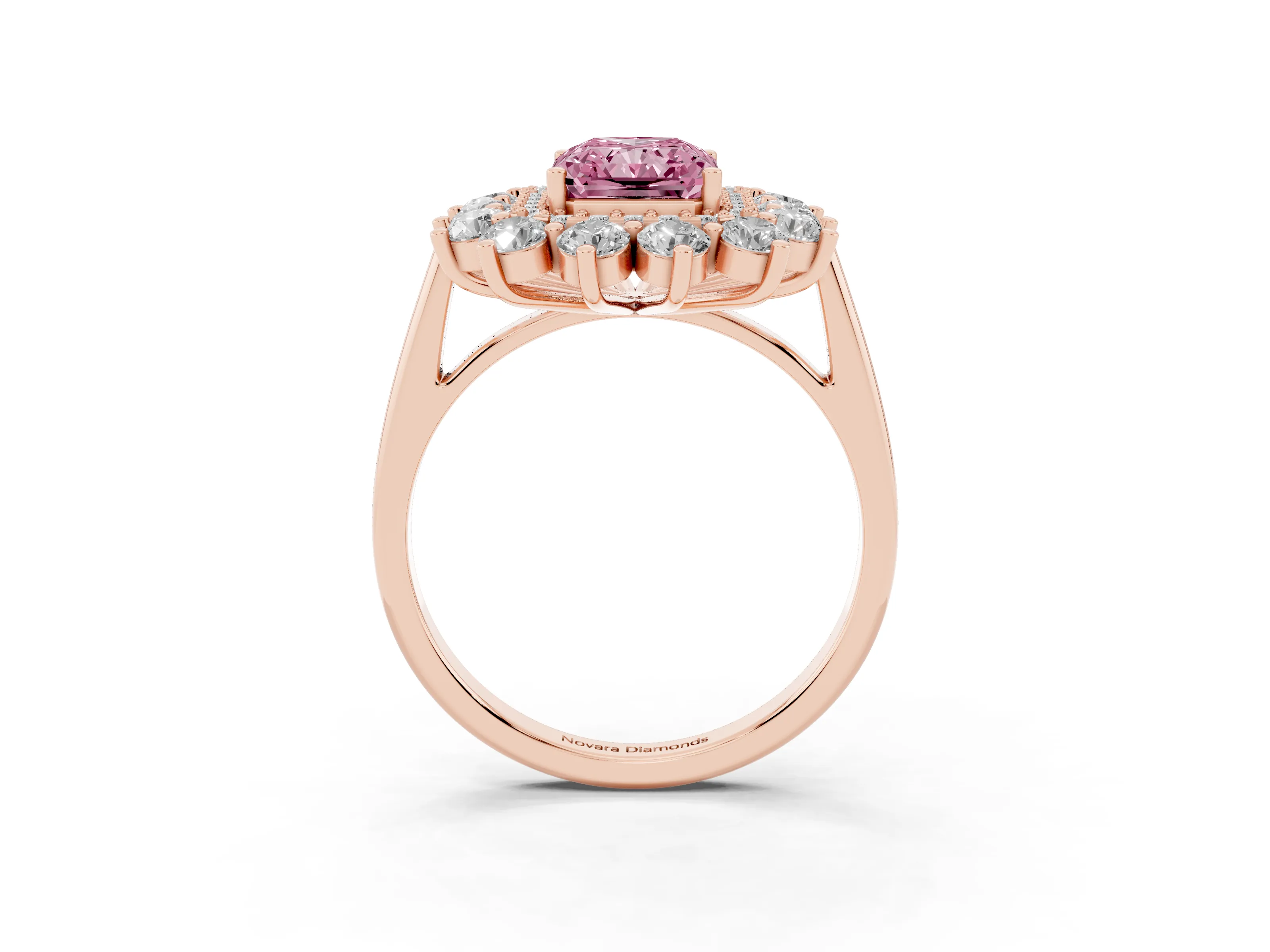 Fancy Pink Radiant Cut Diamond Floral Double Halo Ring Set in Rose gold with Round Petals