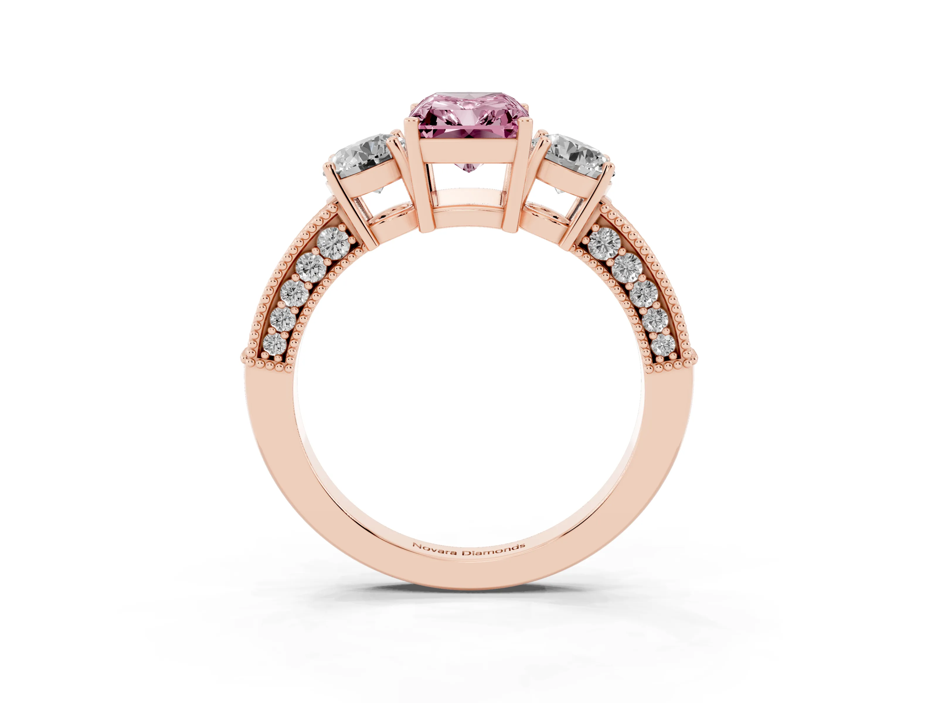 Fancy Pink Radiant Cut Diamond Three-Stone Ring Set in Rose gold with Round Side Stones and Pavé Band