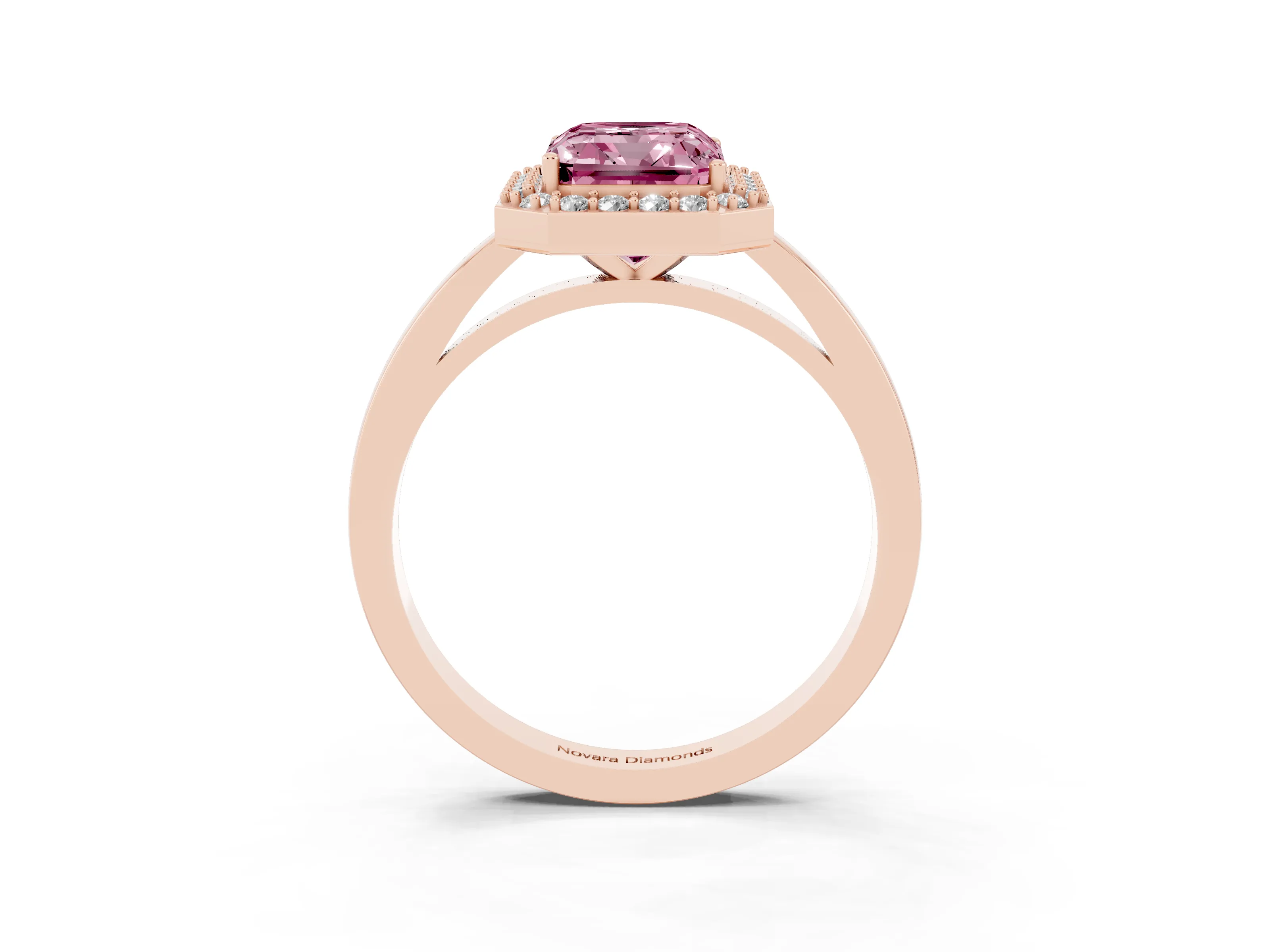 Fancy Pink Radiant Cut Diamond Halo Ring Set in Rose gold with Solitaire Band and Prong Setting