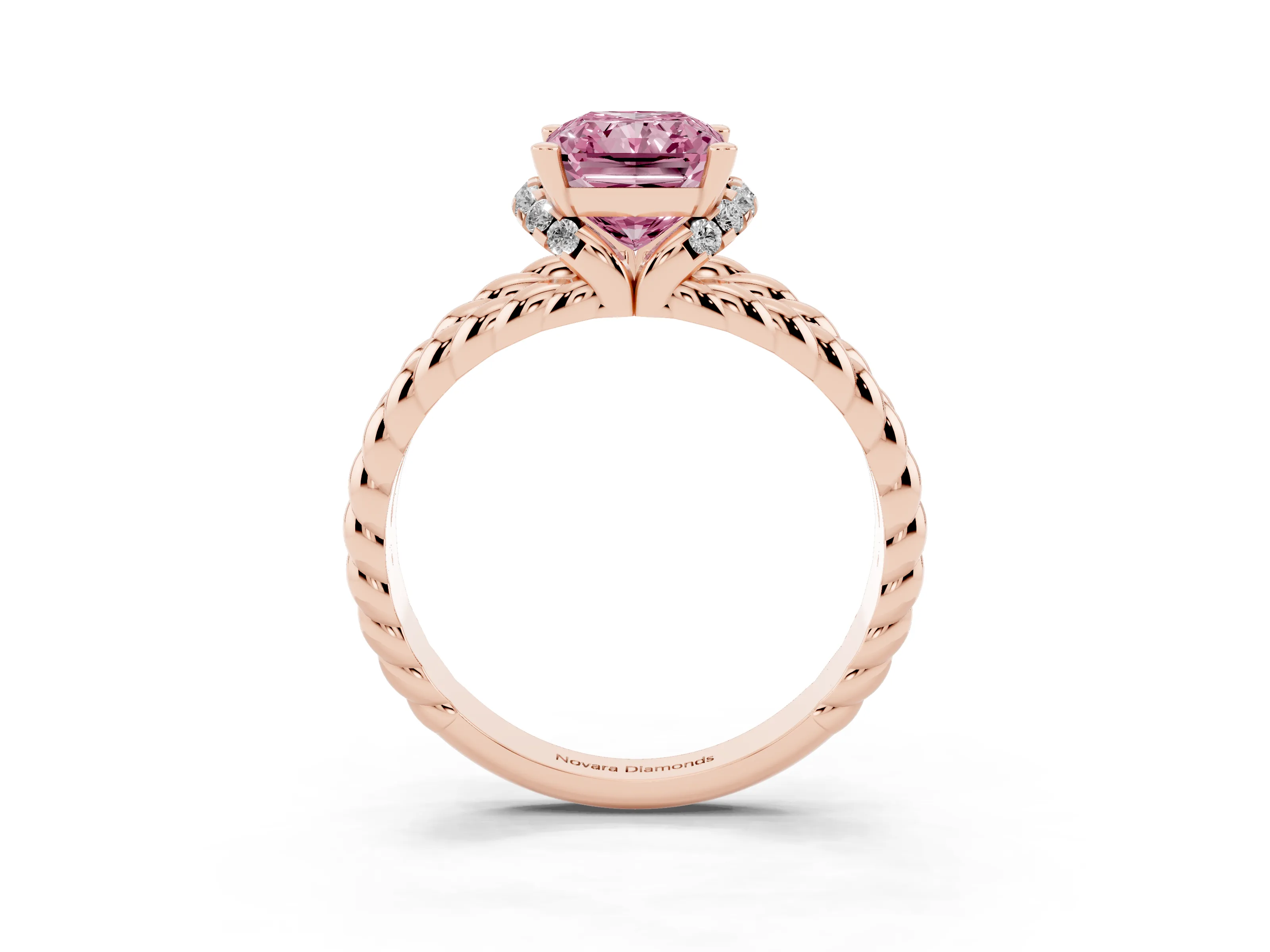 Fancy Pink Radiant Cut Diamond Halo Ring Set in Rose gold with Twisted Band and Prong Setting