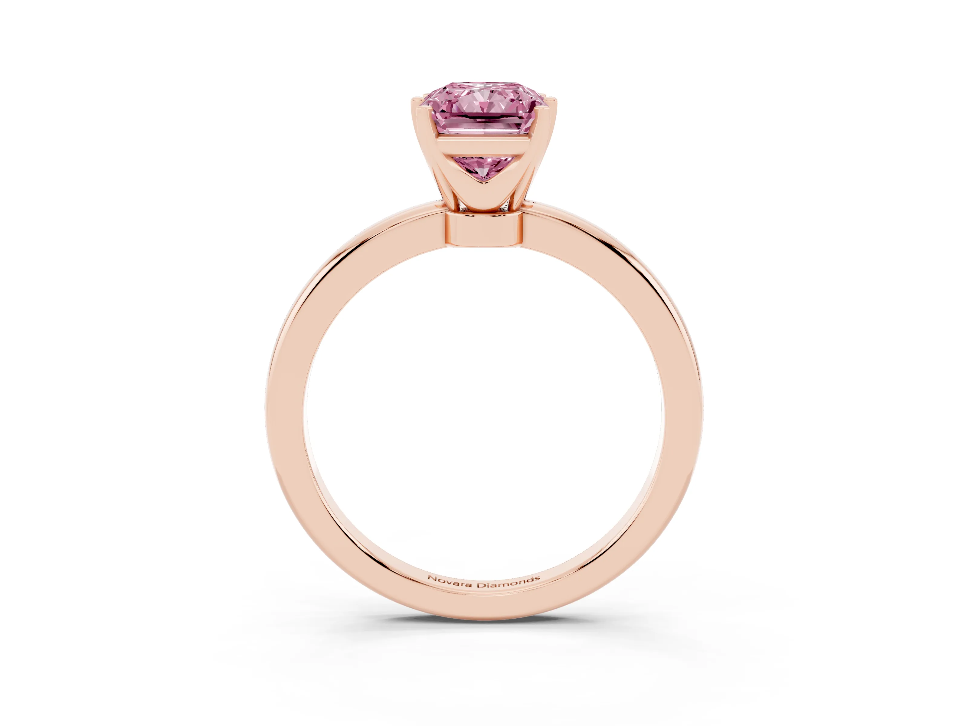 Fancy Pink Radiant Cut Diamond Solitaire Ring Set in Rose gold with Raised Prong Setting on a Classic Band