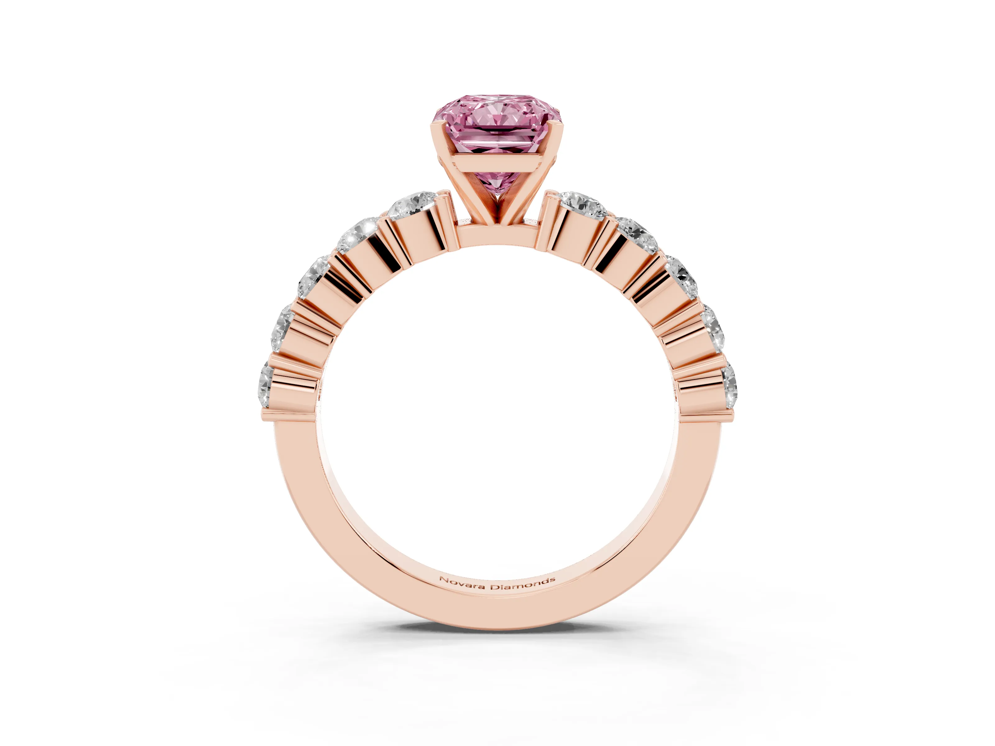 Fancy Pink Radiant Cut Diamond Solitaire Ring Set in Rose gold with Shared Prong Round Side Stones
