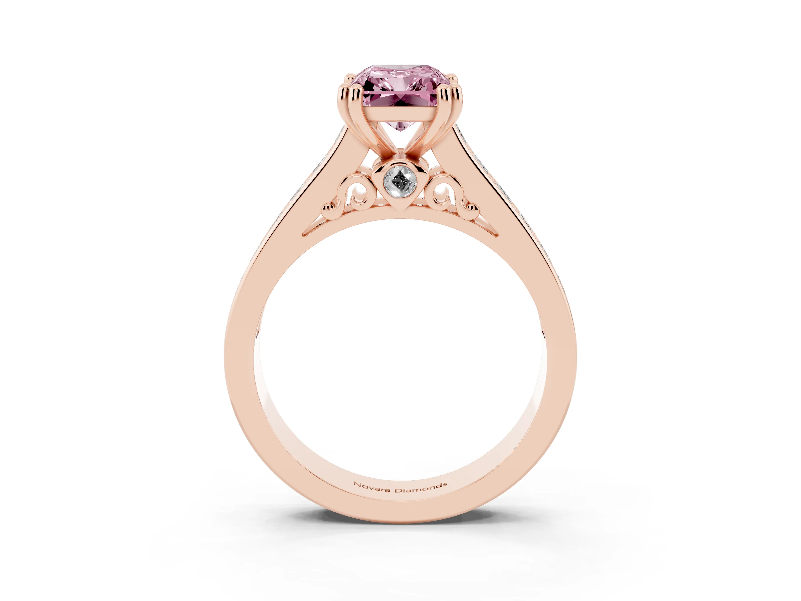 Fancy Pink Radiant Cut Diamond Channel Set Solitaire Engagement Ring Set in Rose gold with Prong Setting