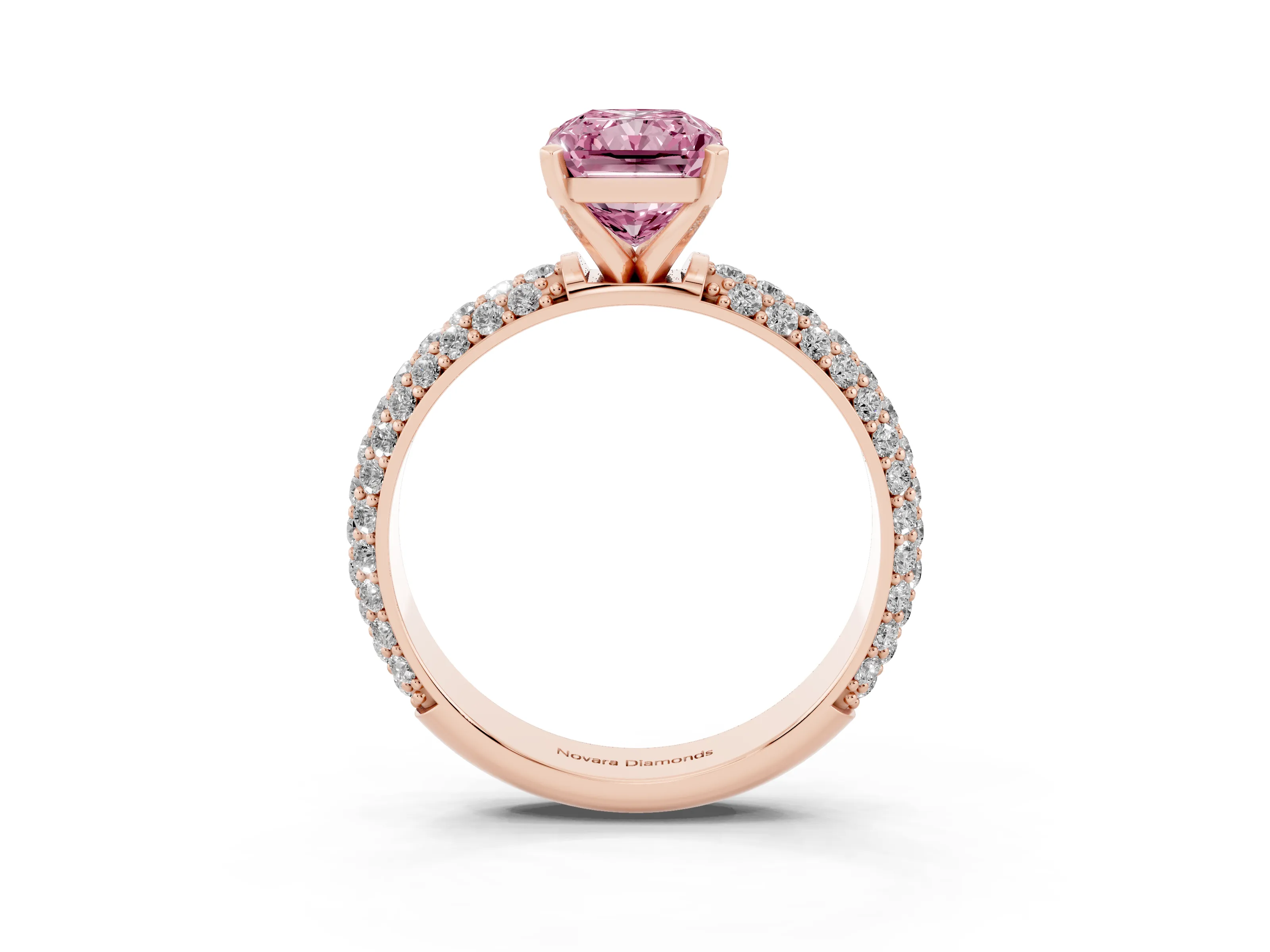 Fancy Pink Radiant Cut Diamond Solitaire Ring Set in Rose gold with Prong Setting and Pavé-Set Band