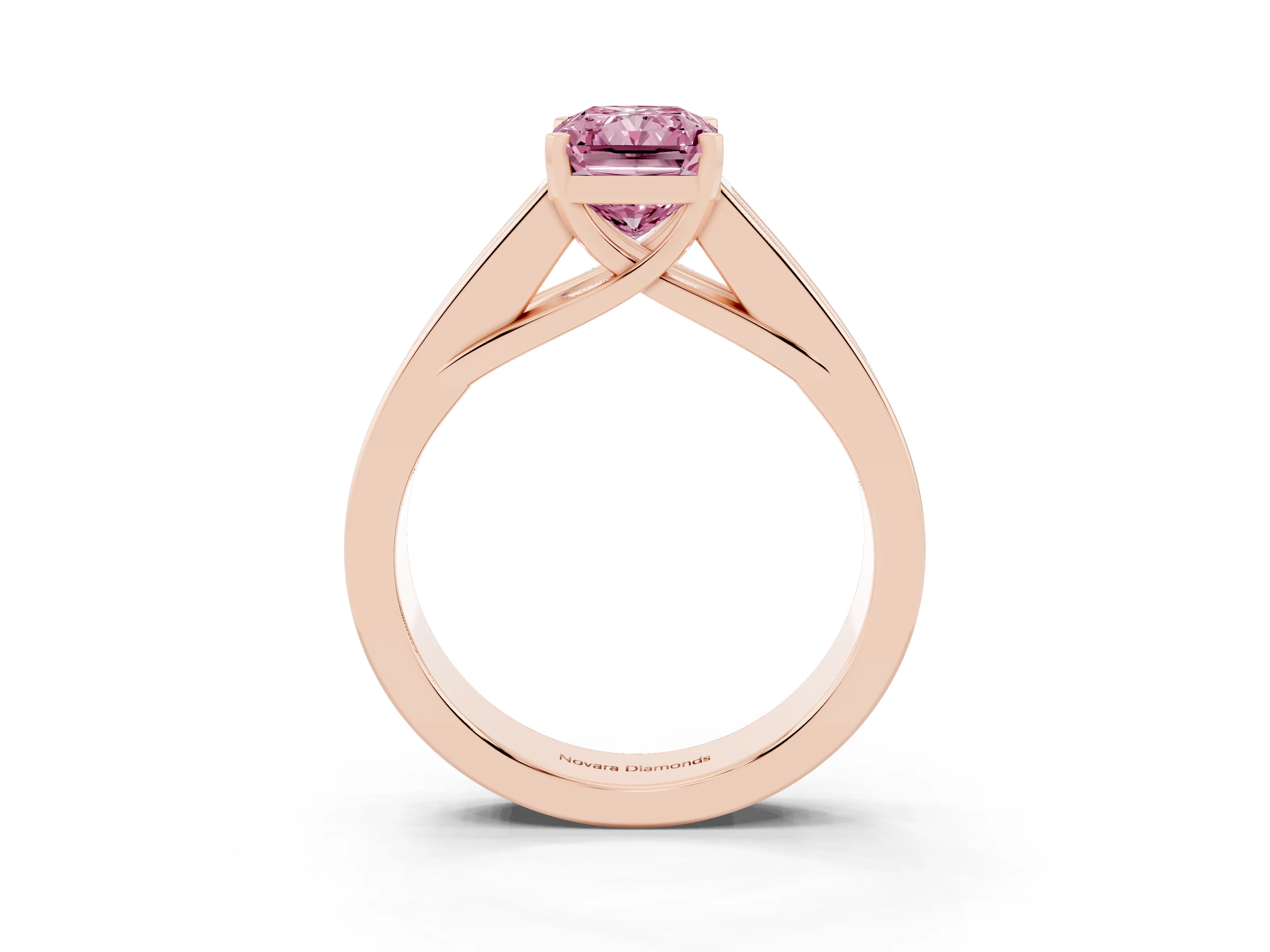 Fancy Pink Radiant Cut Diamond Solitaire Ring Set in Rose gold with Channel-Set Accent Stones and Prong Setting
