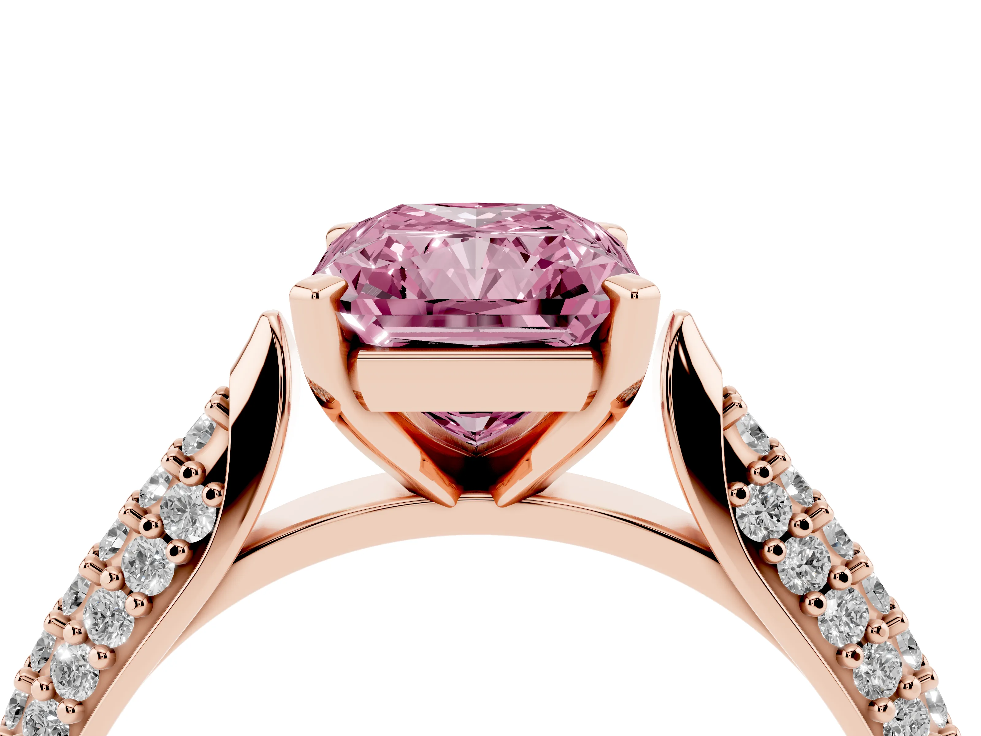 Fancy Pink Radiant Cut Diamond Solitaire Engagement Ring Set in Rose gold with Multi-Row Round Pavé Band and Prong Setting