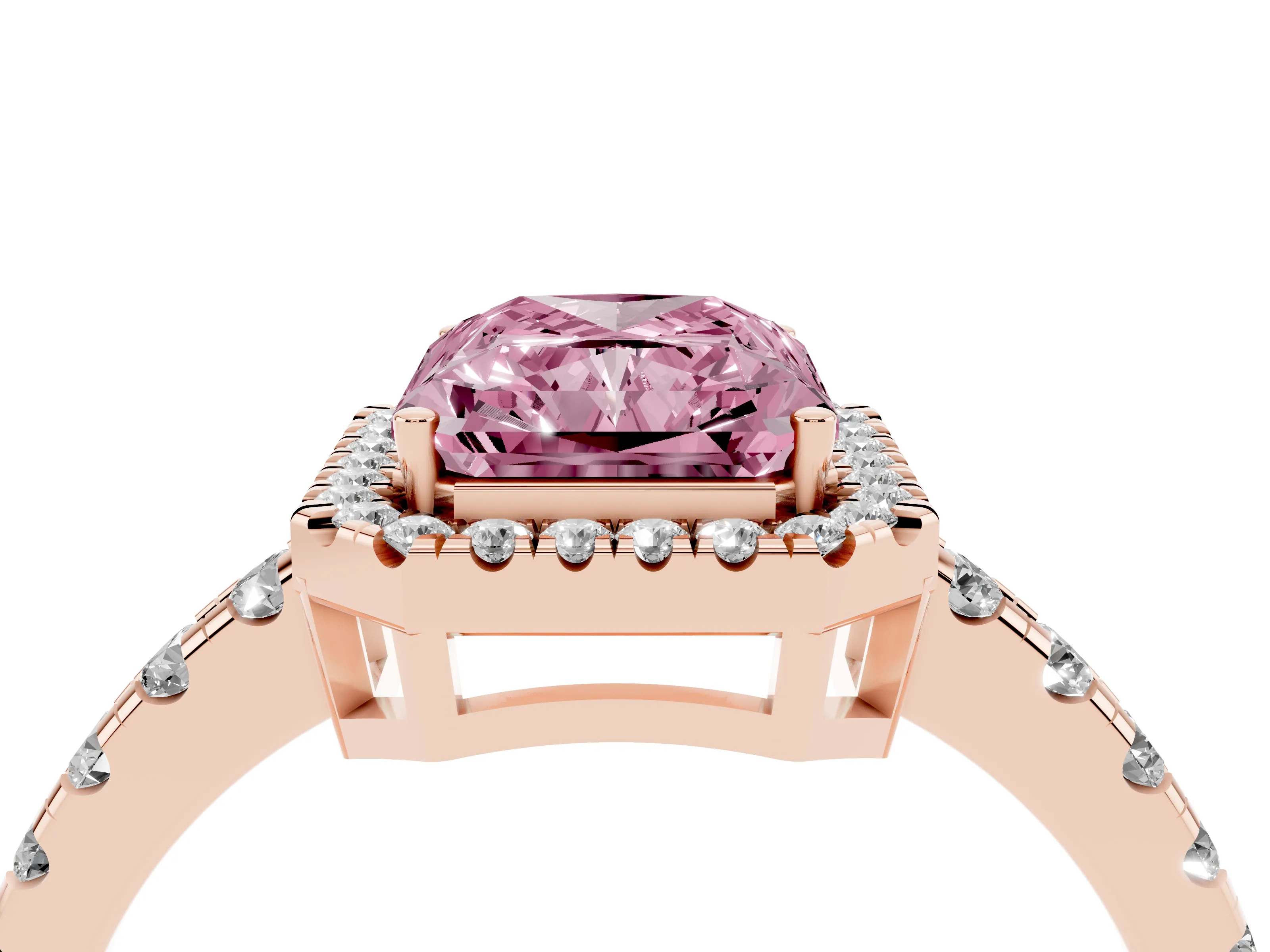 Fancy Pink Radiant Cut Diamond Halo Ring Set in Rose gold with Delicate Pavé Band and Prong Setting