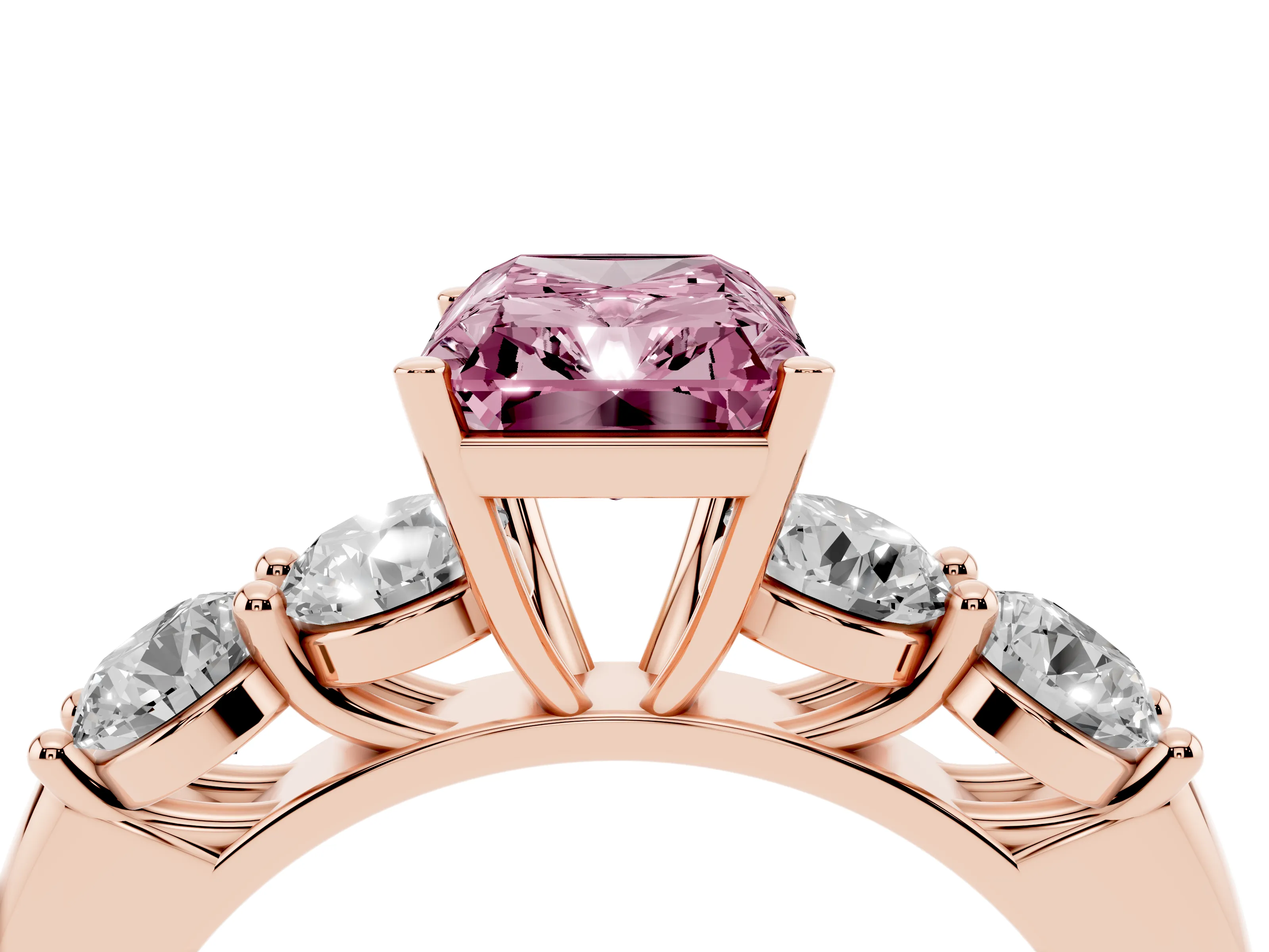 Fancy Pink Radiant Cut Diamond Five-Stone Prong Set Ring Set in Rose gold with Classic Band