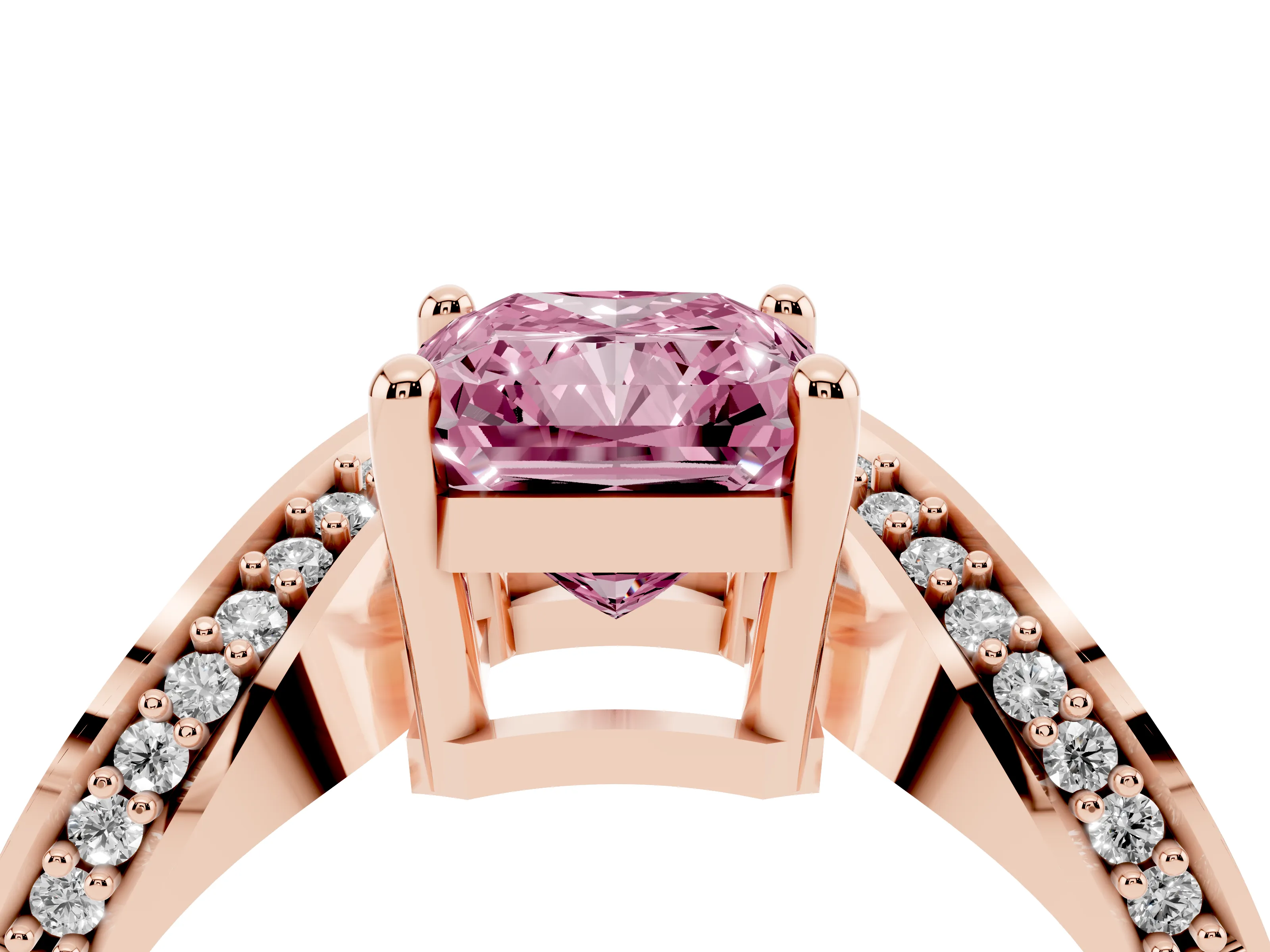 Fancy Pink Radiant Cut Diamond Solitaire Engagement Ring Set in Rose gold with Pavé Shoulders