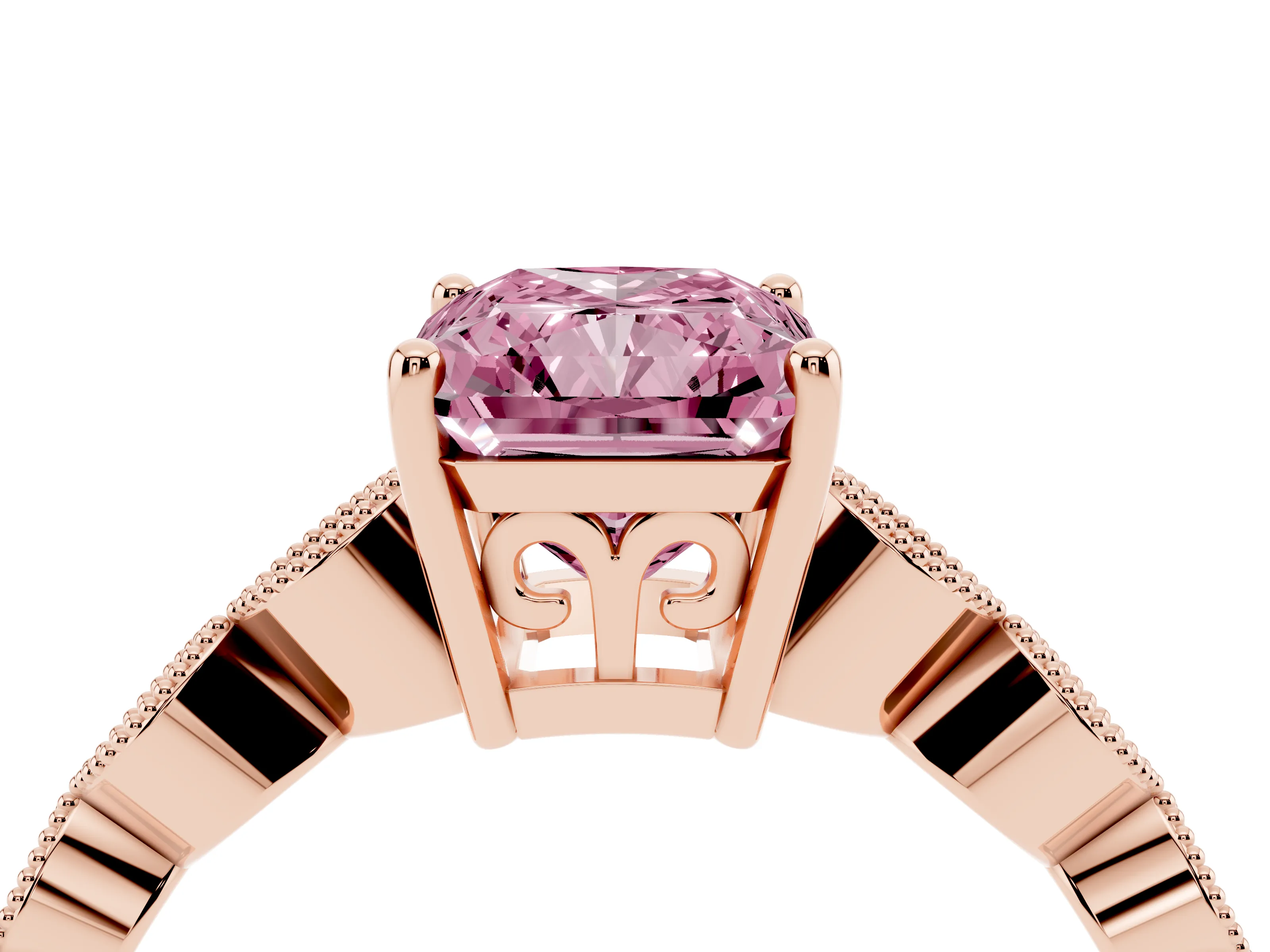 Fancy Pink Radiant Cut Diamond Solitaire Ring Set in Rose gold with Infinity Twist Pavé Band