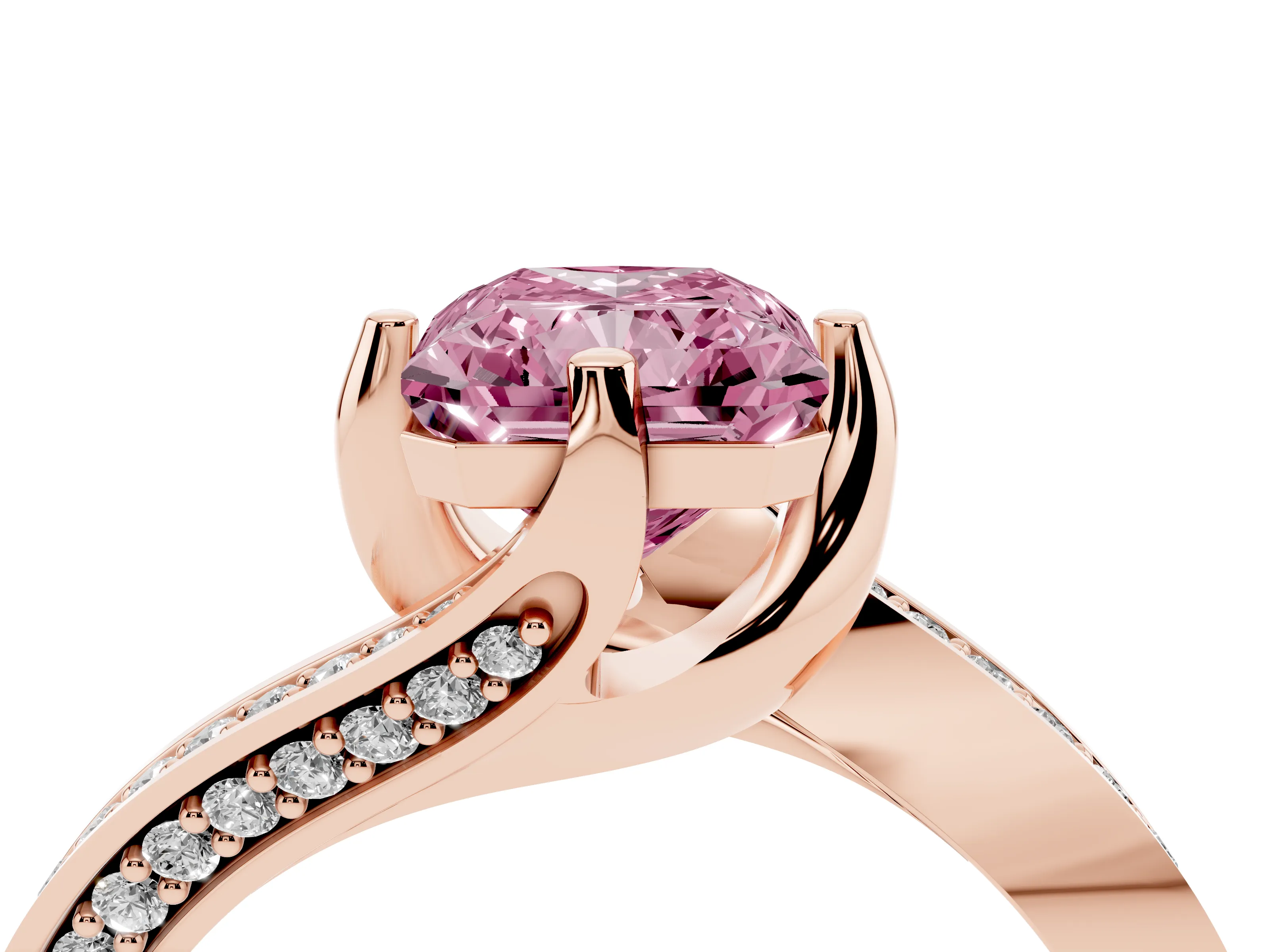 Fancy Pink Radiant Cut Diamond Solitaire Ring Set in Rose gold with Intertwined Pavé Twist Band