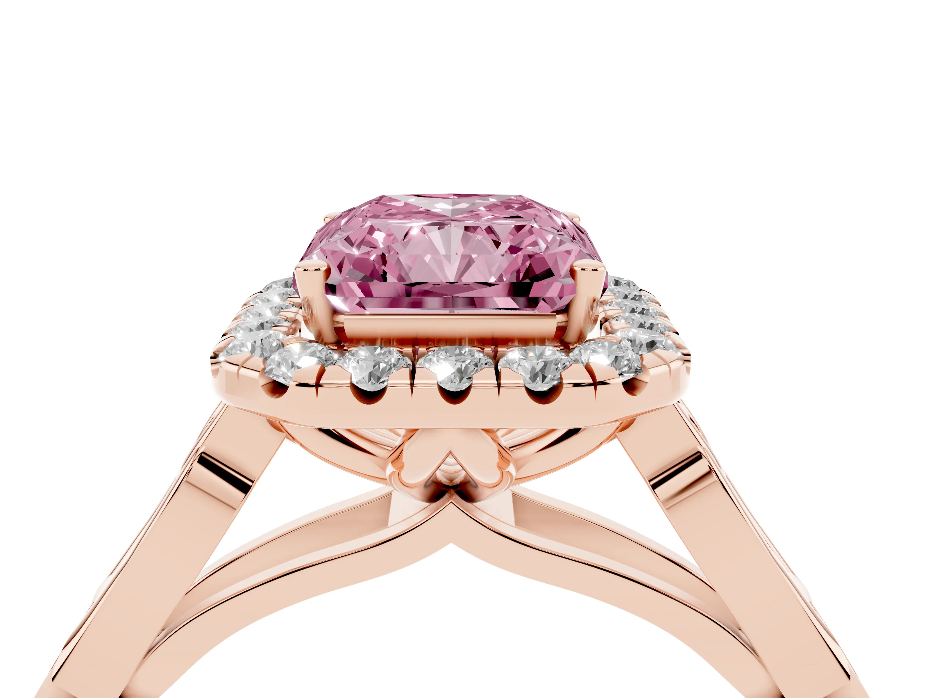 Fancy Pink Radiant Cut Diamond Halo Engagement Ring Set in Rose gold with Filigree Band and Prong-Set Center