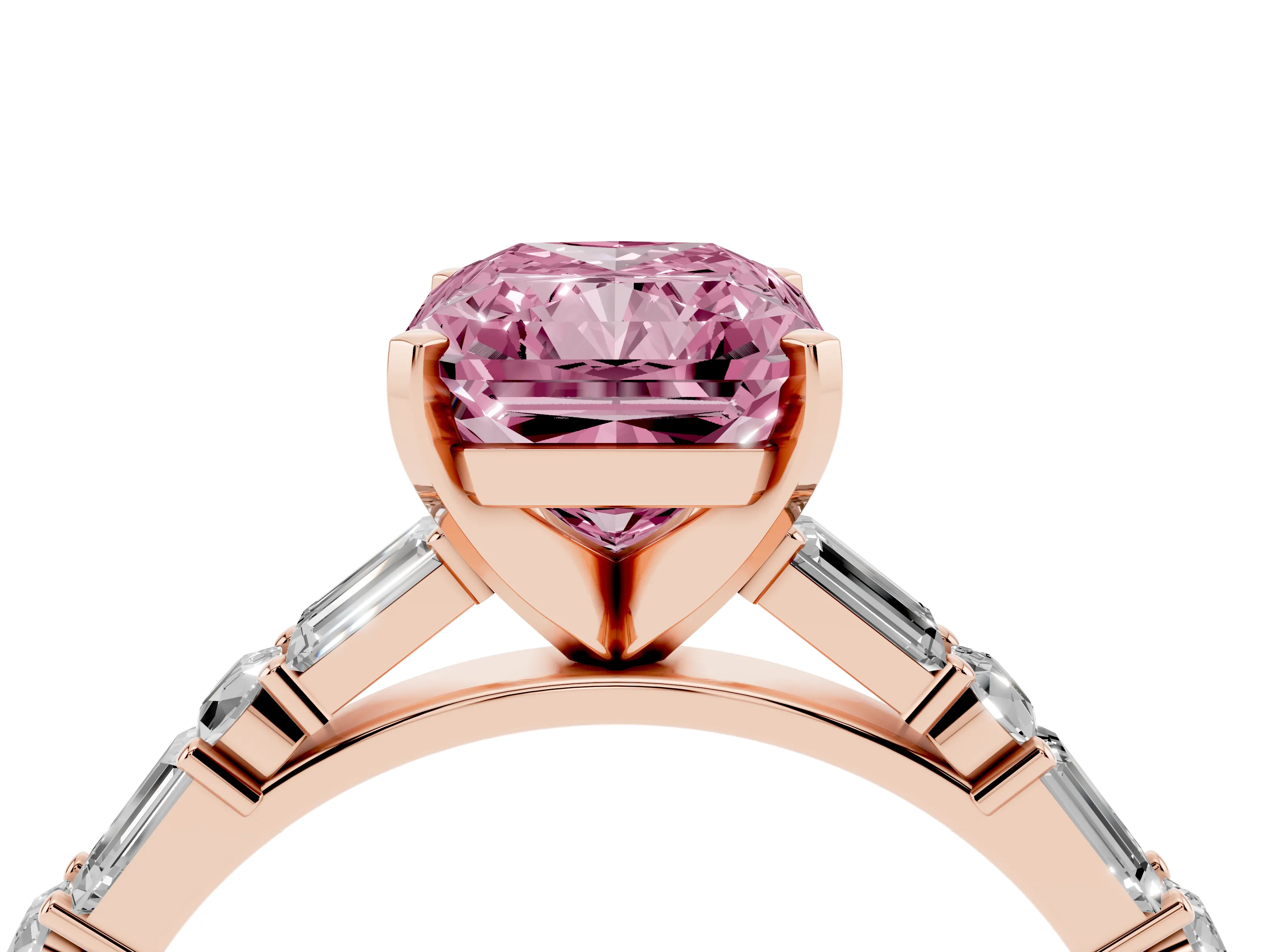 Fancy Pink Radiant Cut Diamond Solitaire Set in Rose gold with Side Baguettes and Channel Set Band
