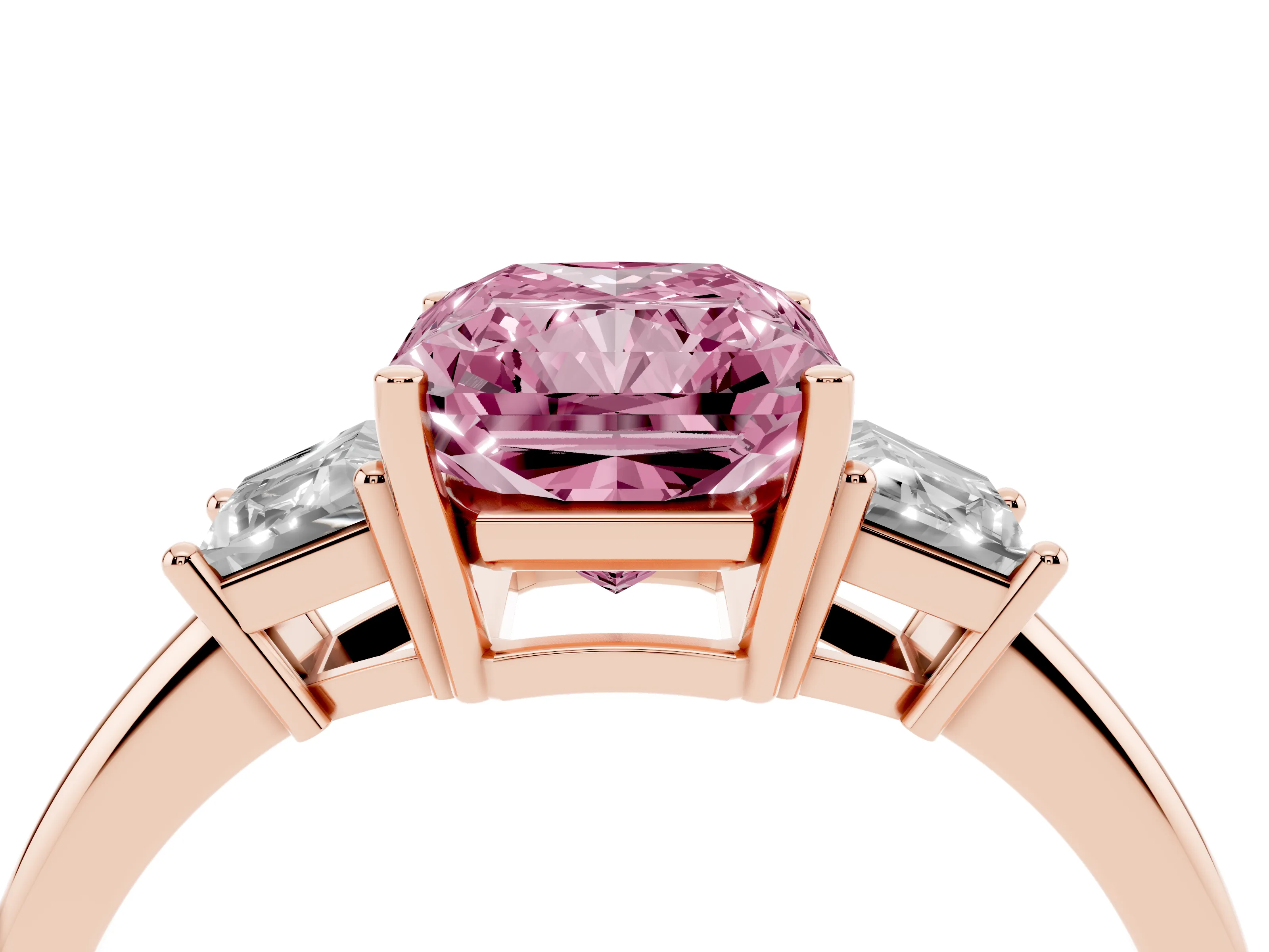 Fancy Pink Radiant Cut Diamond Three-Stone Ring Set in Rose gold with Trapezoid Side Stones and Prong Setting
